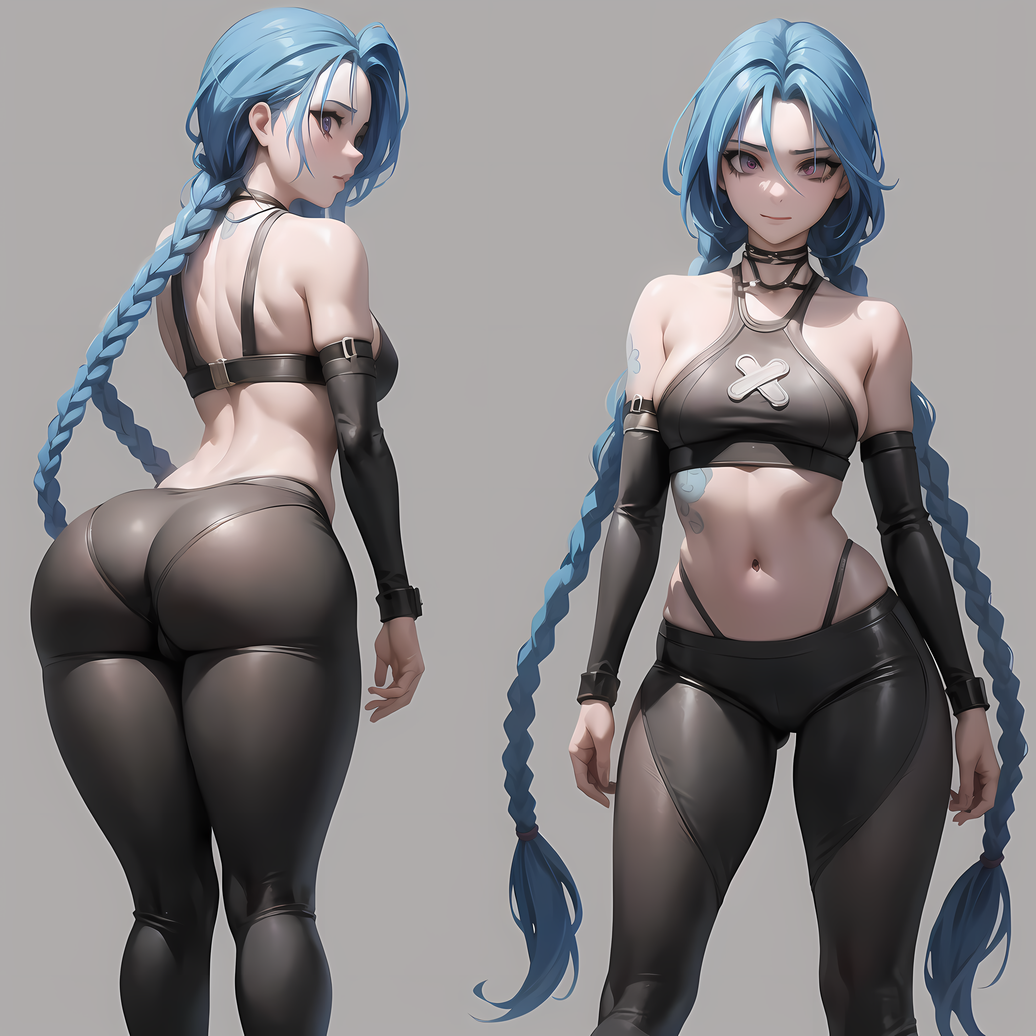 1girls, ai generated, arcane, arcane jinx, ass, ass focus, blue hair, boobs and butt pose, braid, braided hair, breasts, exposed stomach, female, female focus, female only, jinx (league of legends), league of legends, long hair, pink eyes, riot games, simple background, solo, solo female, solo focus, stable diffusion, tagme, thick thighs, wide hips