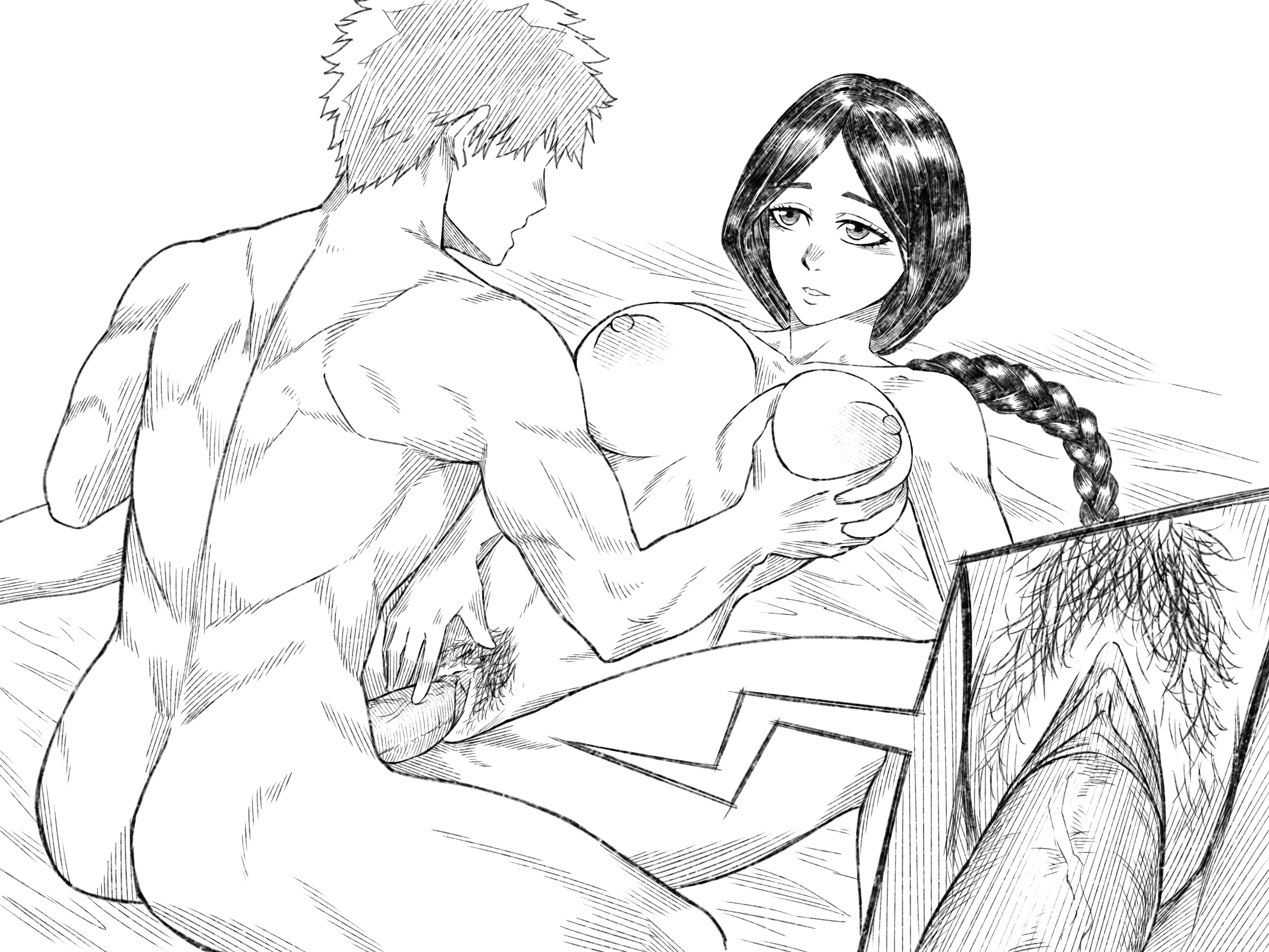 1boy, 1girls, big breasts, black and white, black hair, bleach, braided ponytail, breast grab, breasts, clitoris, faceless male, female, grabbing penis, guided penetration, hairy pussy, ichigo kurosaki, long hair, lying on back, lying on bed, male, milf, missionary position, monochrome, older female and younger male, orange hair, penis, pussy, sketch, skwd, spread legs, unohana retsu, vaginal penetration, veiny penis