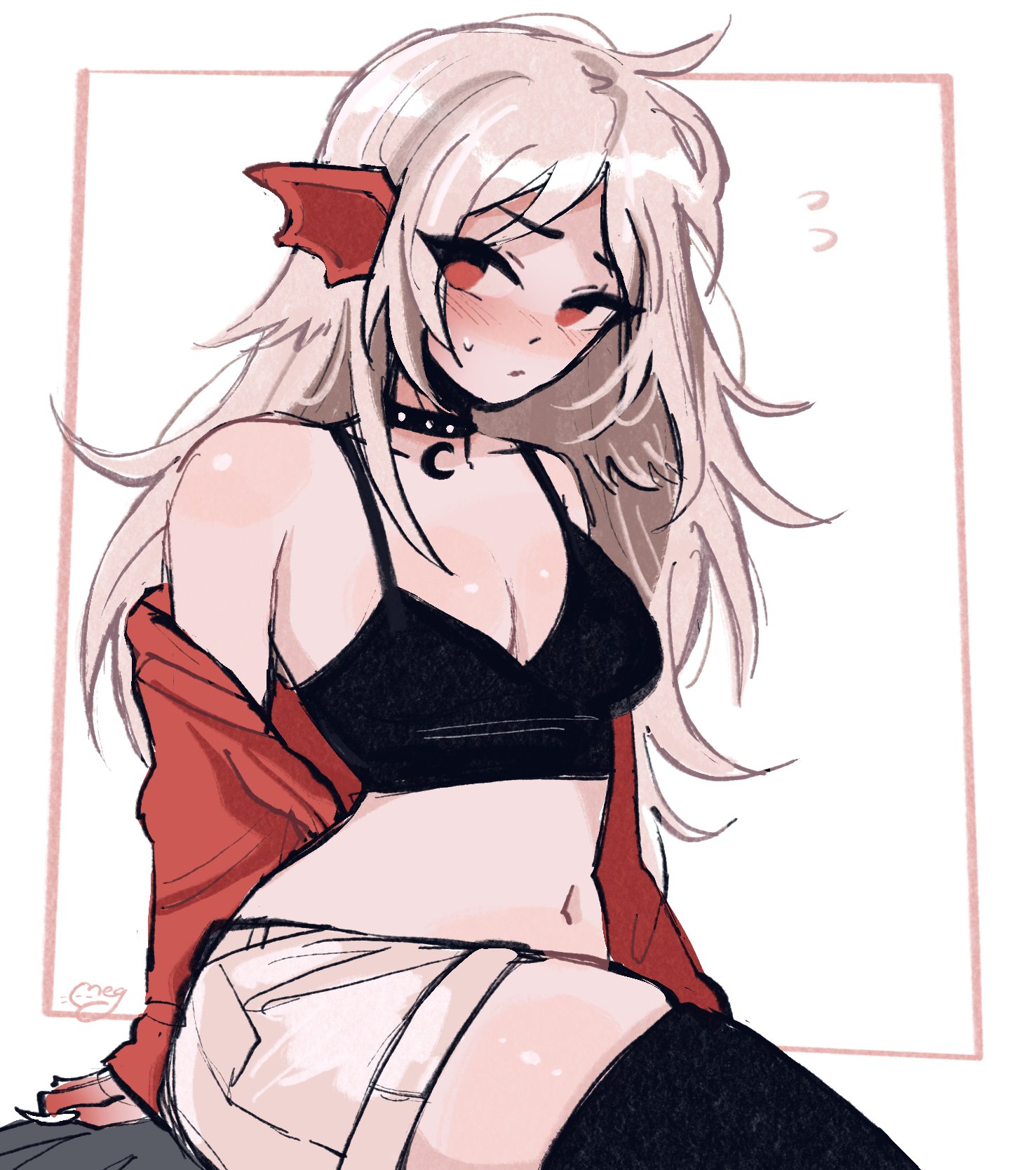 1girls, 2020s, 2023, artist signature, big breasts, blush, breasts, choker, commission, female, female only, light skin, light-skinned female, long hair, megrocks, original, original character, red eyes, shiny skin, shorts, simple background, solo, sweat, thigh, thigh gap, thighhighs, white background, white hair