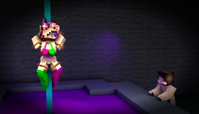 1boy 1girls 3d bisexual_(female) blush bra clothed_female collar female glasses horny_female looking_at_another looking_back male mine-imator minecraft multicolored_hair no_panties nude_male outside pole_dancing random_guy skyler_quinn smile straight strip_club striped stripper_pole supertwit tagme