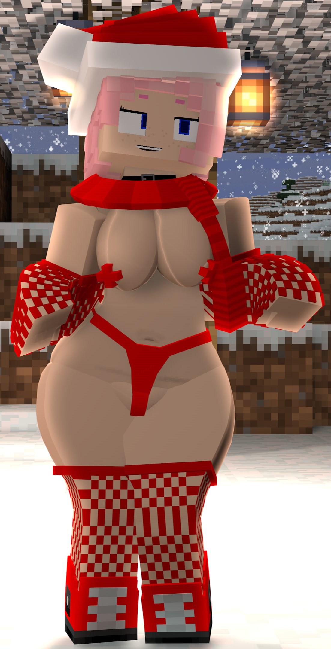 1girls 3d blue_eyes boots breasts collar erect_nipples female fishnet_armwear fishnet_legwear freckles half-dressed horny_female human_female humanoid mine-imator minecraft outside pink_hair santa_bikini santa_costume santa_hat smile snow solo supertwit tagme tree zoey_(zoeyistoosmall)