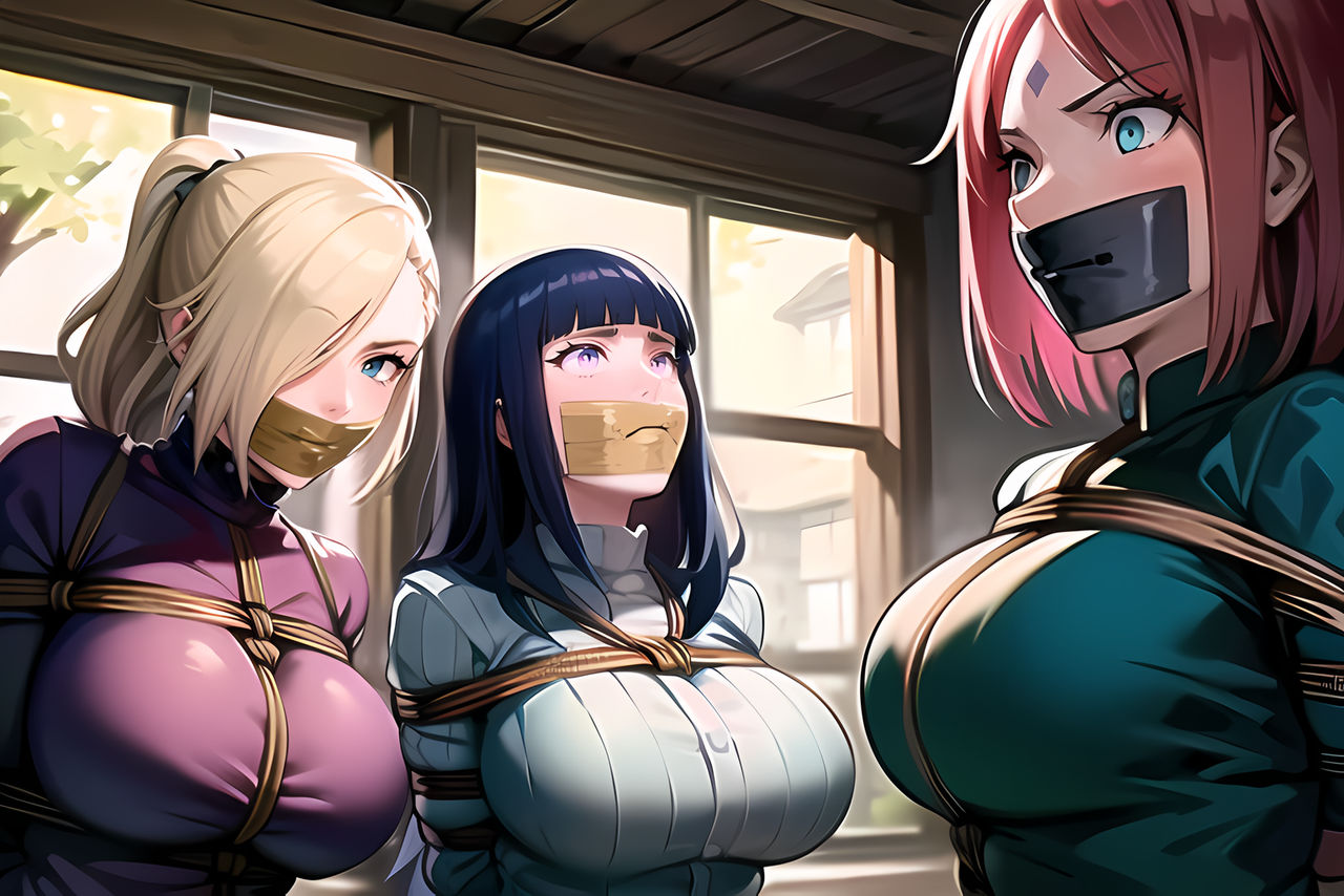 3girls, ai generated, arms tied behind back, barjoe01, blonde hair, blue eyes, blue hair, bondage, female, female only, gag, gagged, grey eyes, hyuuga hinata, ino yamanaka, looking at viewer, multiple subs, naruto, naruto (series), pink hair, sakura haruno, tape gag