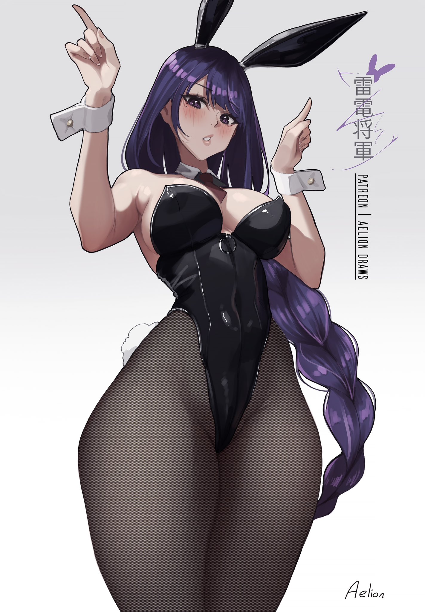 1girls, aelion draws, breasts, bunny ears, bunny girl, bunnysuit, female, genshin impact, hartman hips, highleg leotard, hips, hourglass figure, huge breasts, leotard, light skin, light-skinned female, long hair, looking at viewer, purple eyes, purple hair, raiden shogun, solo, thick thighs, thighs, thunder thighs, thunderthighs, wide hips