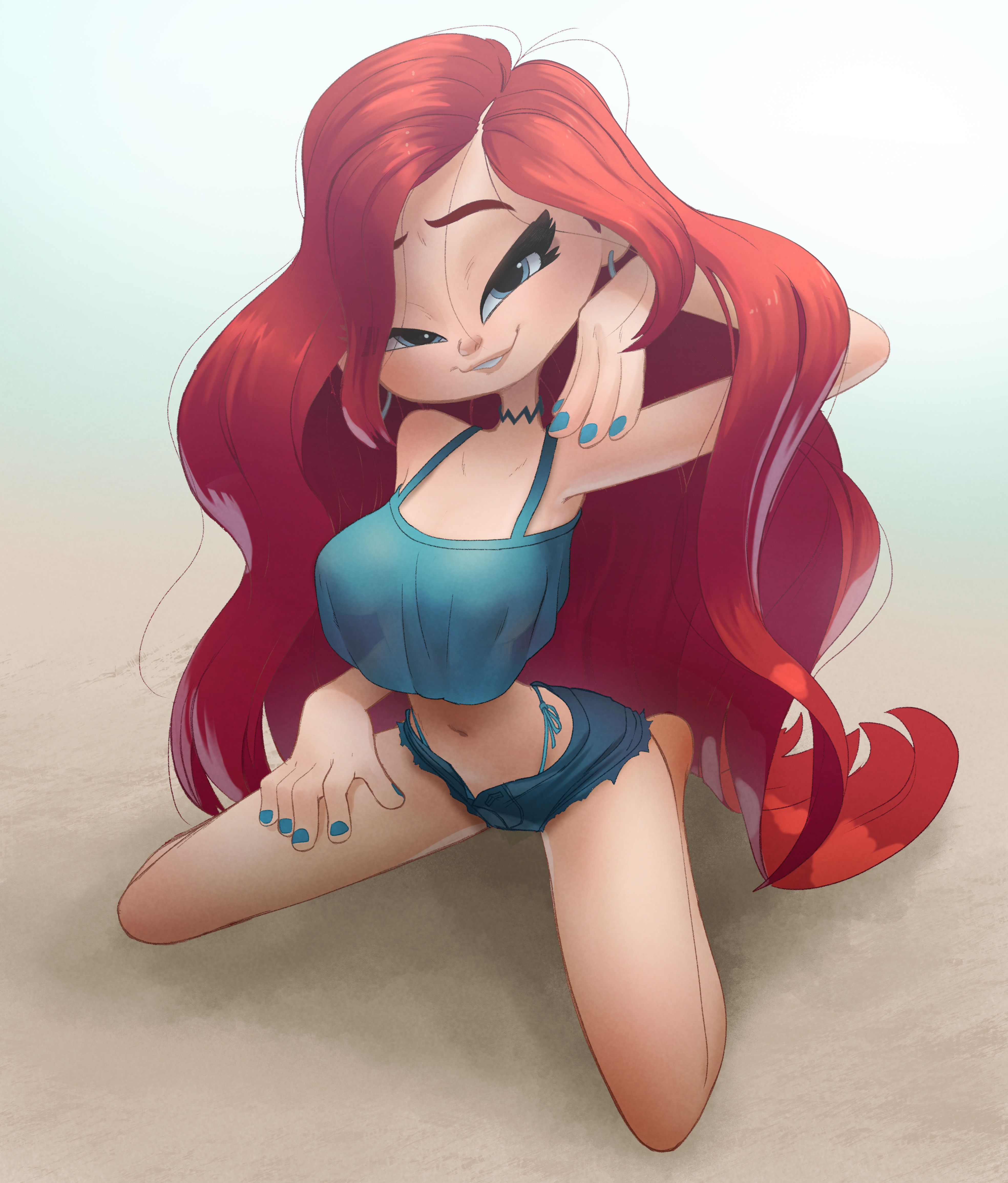 1girls, 2023, 2d, blue nails, chelsea (ruby gillman), clothing, female, high resolution, inkershike, long hair, nail polish, no artist signature, red hair, ruby gillman, teenage kraken, siren, solo female, teenager, teeth