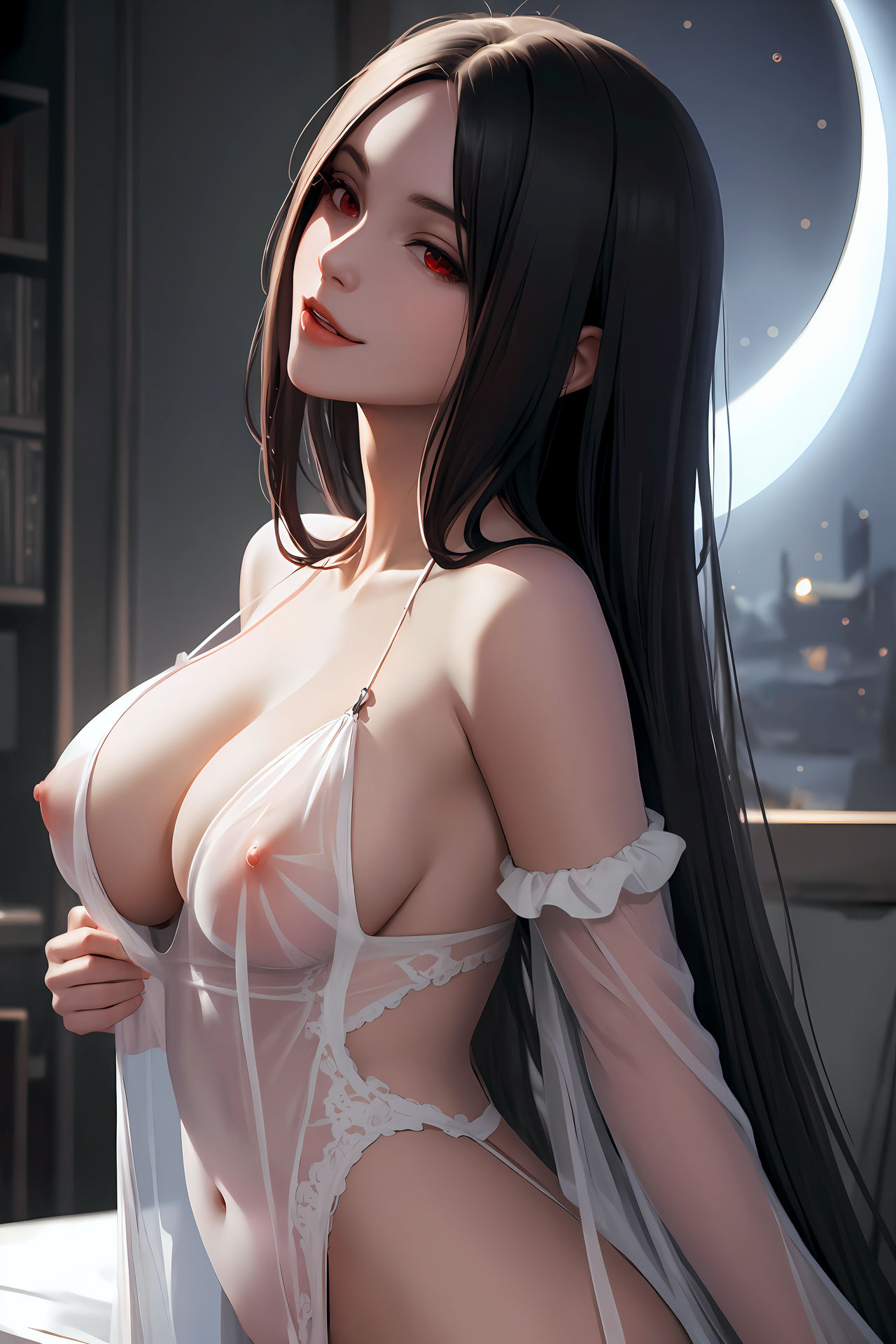 ai generated, black hair, breasts, cleavage, female, female only, large breasts, lingerie, long hair, navel, night, nipples, red eyes, see-through, smile, solo, stable diffusion, vampire