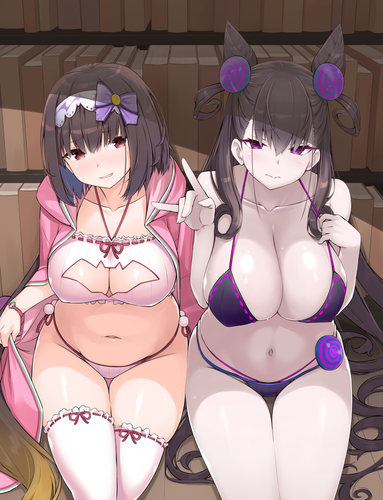 2019, 2girls, bakutendou, bikini, black bikini, black hair, blush, book, bookshelf, bow, breasts, cleavage, cleavage cutout, double bun, fate (series), fate/grand order, female, female only, gradient hair, hair ornament, hairband, highres, hoodie, indoors, large breasts, library, light skin, light-skinned female, long hair, multicolored hair, multiple females, multiple girls, murasaki shikibu (fate), navel, open clothes, open hoodie, open mouth, osakabe-hime (fate), pale skin, pale-skinned female, purple eyes, red eyes, sitting, swimsuit, thick thighs, thigh gap, thighhighs, thighs, tied hair, tongue, two-tone hair, very long hair, white bikini