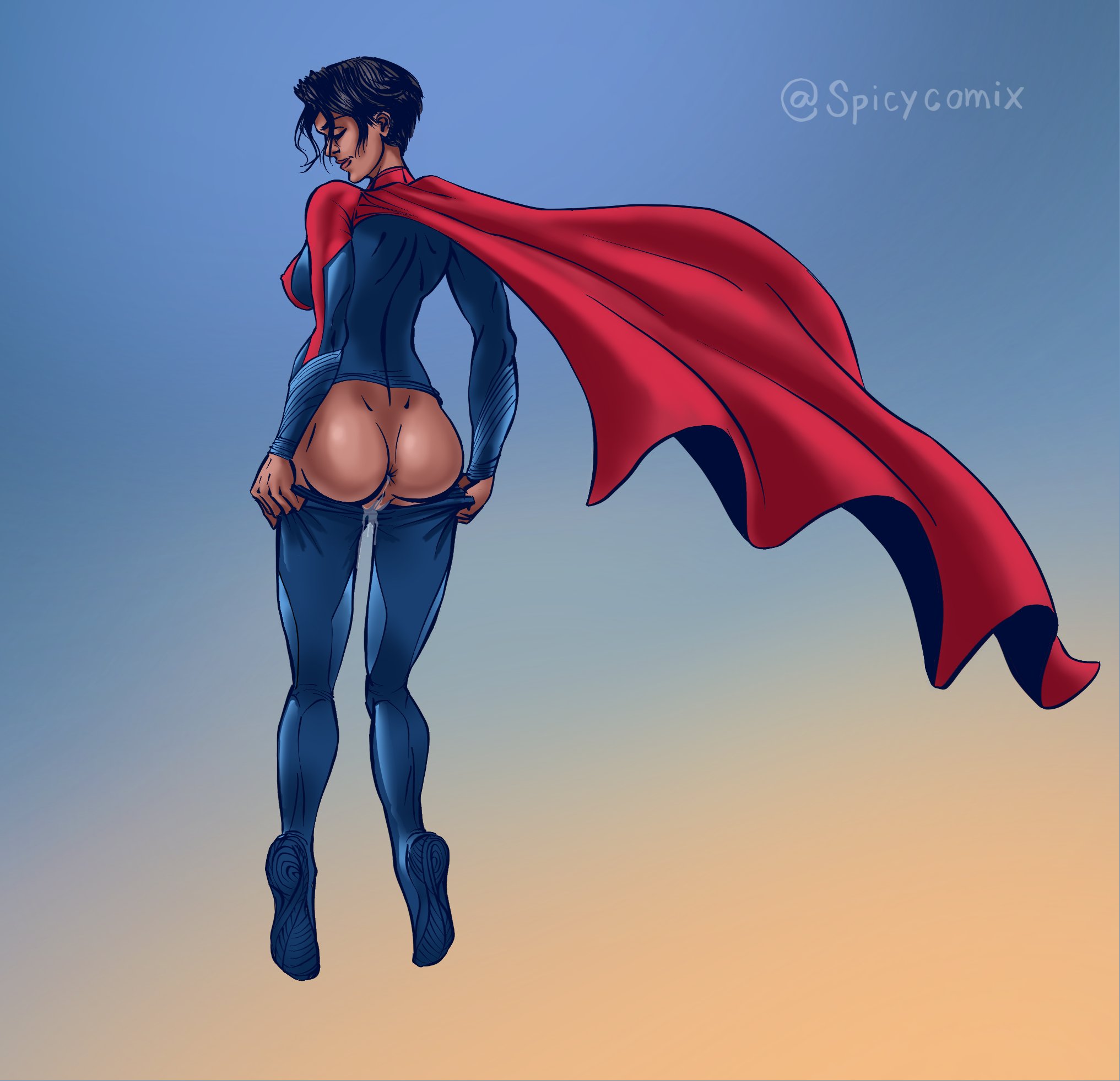 alien, alien girl, anus, ass, black hair, blue clothing, bodily fluids, cape, cum, cum drip, cum dripping, cum in ass, cum in pussy, dc, dc comics, dc extended universe, evening, female, flying, hair, humanoid, kara zor-el, kryptonian, light skin, light-skinned female, nipple bulge, nudity, outdoor nudity, outside, pants, pants down, pussy, pussy juice, rear view, sasha calle, short hair, signature, simple background, spicycomix, sunset, supergirl, supergirl (sasha calle), supergirl (series), superman (series), the flash (2023)