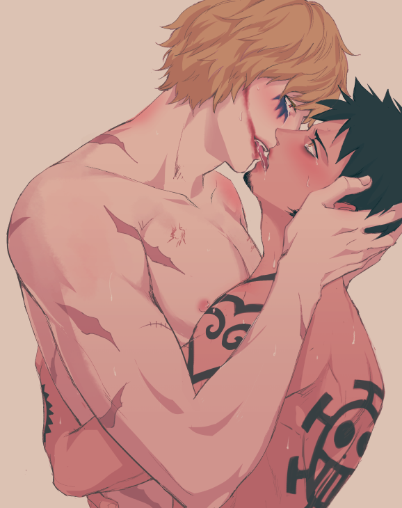 2boys black_hair blonde_hair crying donquixote_rosinante embrace eye_contact facepaint facial_hair french_kiss gay glasgow_smile goatee hand_on_another's_head height_difference implied_sex kissing lipstick makeup male male_only nude one_piece profile red_lipstick scars sweat tattoo tattoos tears trafalgar_law yaoi