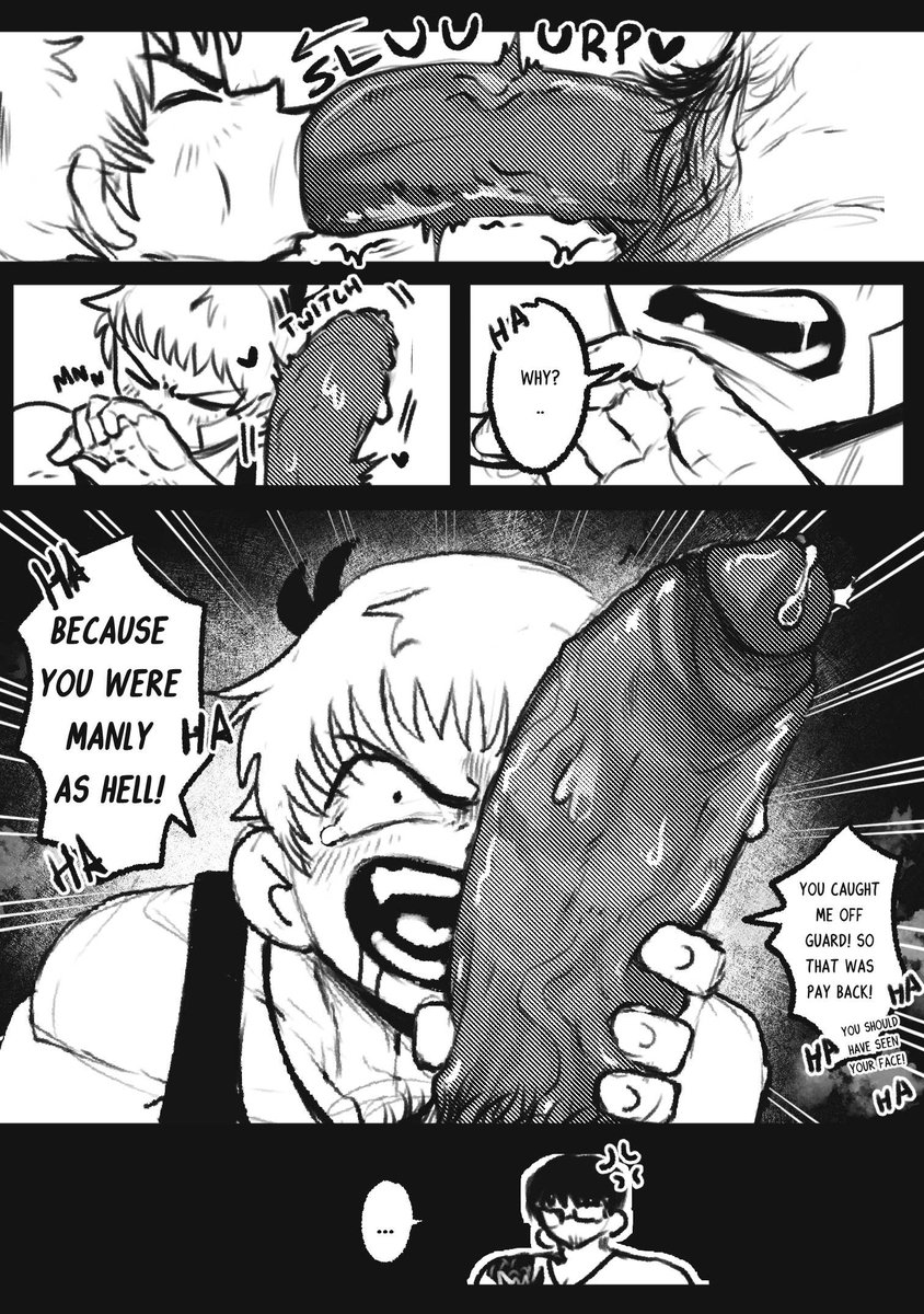 2boys bara big_dom_small_sub big_penis blowjob buff comic duo duo_focus english_text gay glasses large_penis larger_male male male/male male_only monochrome muscular muscular_male oral oral_sex original original_characters penis plucholy pubes pubic_hair size_comparison size_difference twitching