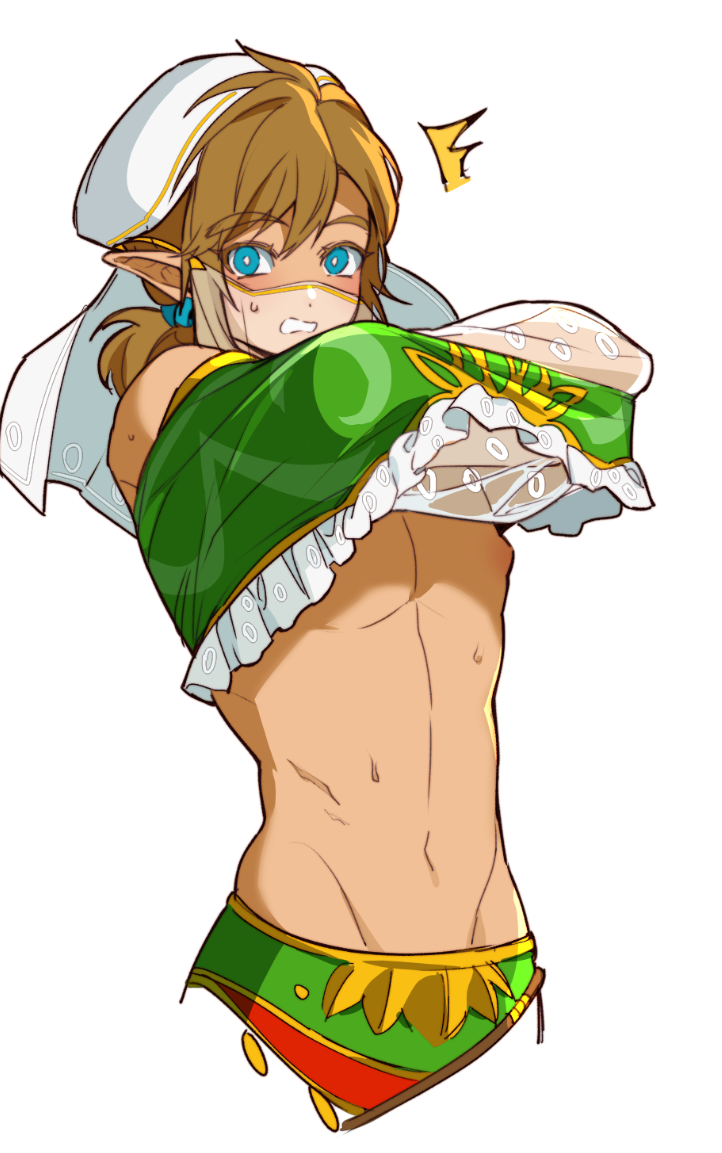 1boy bishonen blonde_hair blue_eyes blush bra breath_of_the_wild crossdressing disguise earrings elf_ears exposed_shoulders exposed_torso femboy gerudo_link gerudo_outfit haoda1ke headwear hylian hylian_ears lifting_shirt link looking_at_viewer male male_focus male_only midriff nipples pretty_boy shirt_lift shocked sleeves slim_waist solo solo_focus solo_male sweating tagme the_legend_of_zelda tummy twink