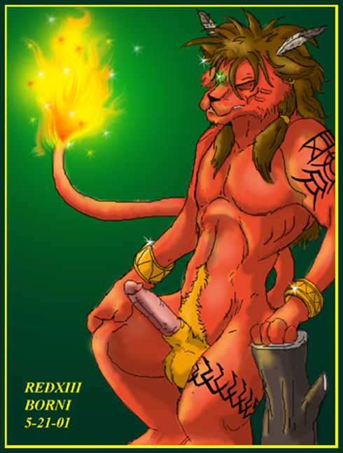 2001 anthro anthro_only balls borni bracelet erection final_fantasy final_fantasy_vii fire flaming_tail genitals hair jewelry long_hair male male_only mammal penis red_xiii solo square_enix tail