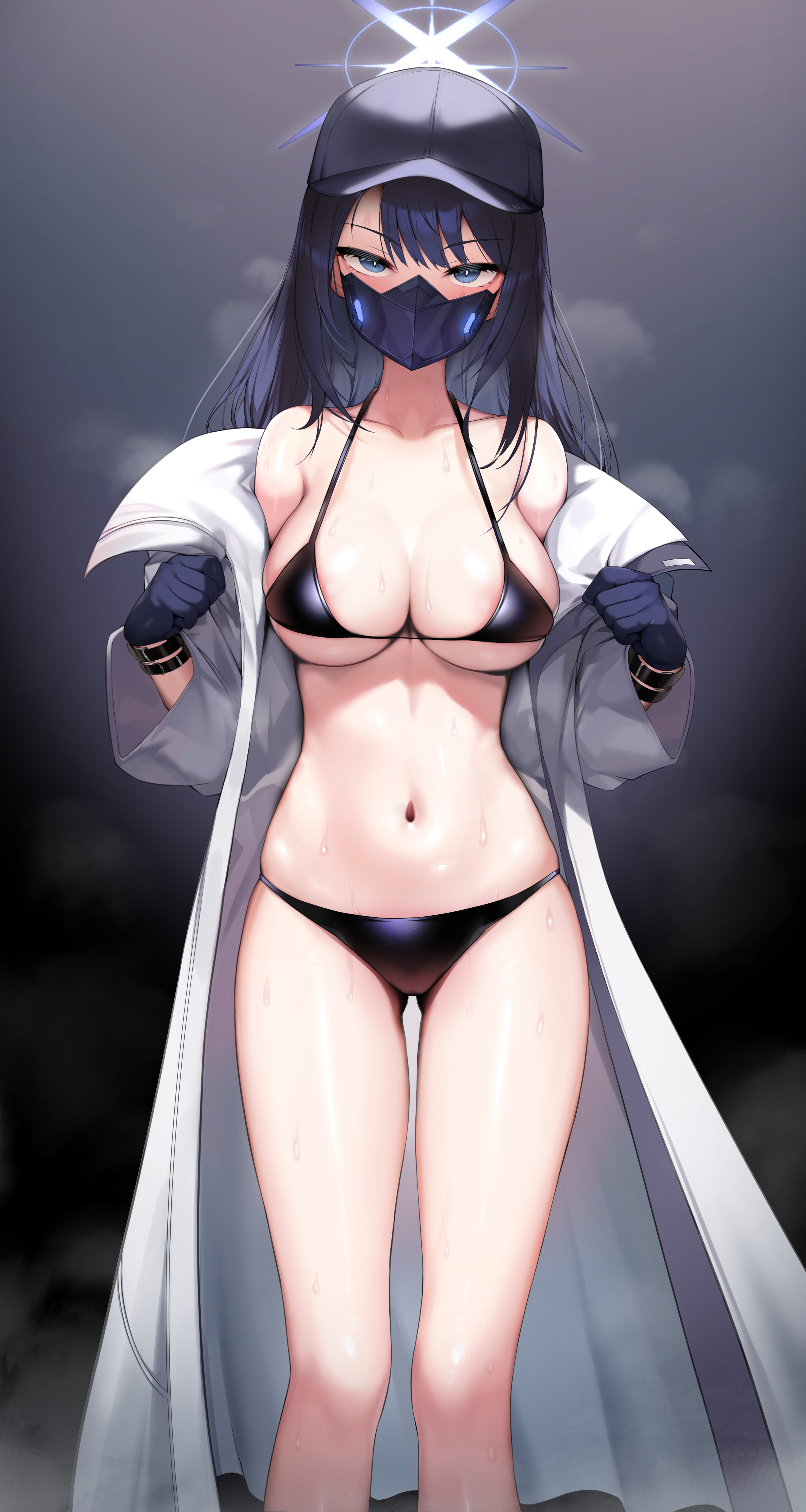 areola slip, arius satellite school student, arius squad (blue archive), bikini, black bikini, black swimsuit, blue archive, breasts, coat, female, hat, large breasts, legs, looking at viewer, mask, navel, saori (blue archive), stomach, swimsuit, topu