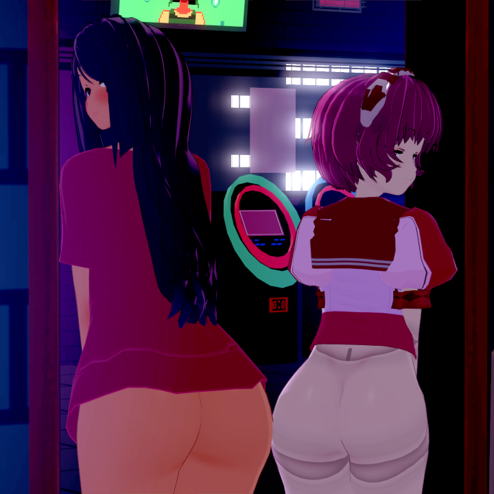 2girls 3d android ass big_ass black_hair blush dorothy_haze essentia_2000 female half-closed_eyes julianne_stingray koikatsu light-skinned_female light_skin long_hair looking_at_viewer looking_back red_hair short_hair smile spiritofrei va-11_hall-a yiik:_a_postmodern_rpg