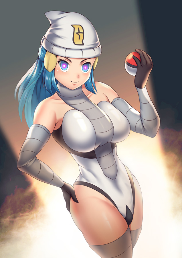 1girls beanie blue_eyes blue_hair breasts dawn_(pokemon) elbow_gloves enemy_conversion gloves haryu_(artist) haryudanto holding_poke_ball hypnosis large_breasts leotard long_hair looking_at_viewer mind_control nintendo pokeball pokemon pokemon_dppt team_galactic team_galactic_uniform thighhighs white_leotard