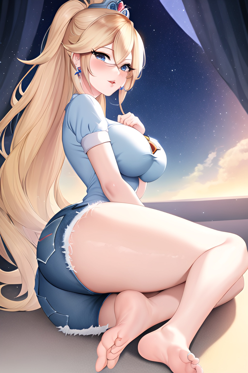 ai generated, ass, big ass, big butt, blonde hair, feet, female, hair, jean shorts, long hair, looking at viewer, mario (series), pants, princess rosalina, shorts, soles, toes