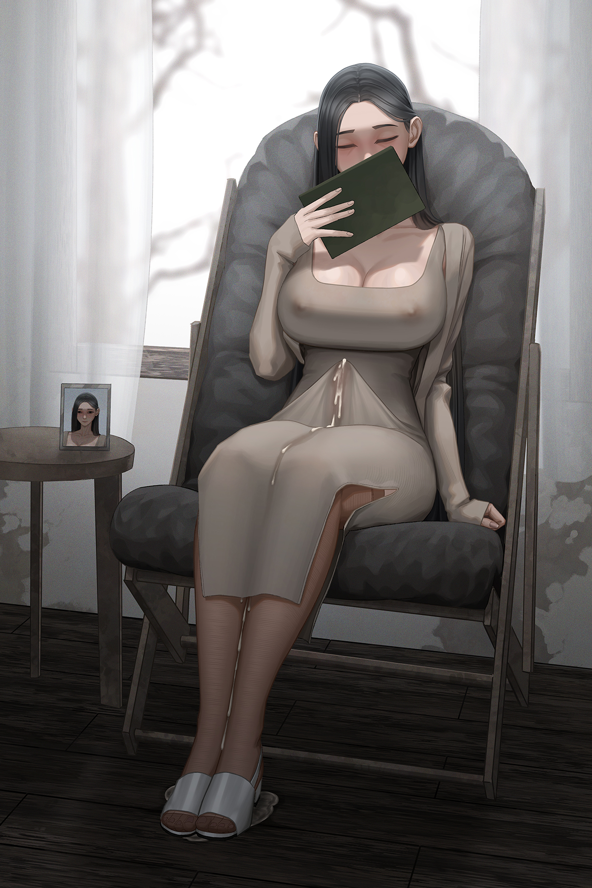 1futa, big breasts, breasts, bulge, closed eyes, covering mouth, cum, cum leaking down leg, cum through clothes, cum through clothing, damon (artist), dress, erect nipples, erect nipples under clothes, erection under clothes, futanari, horny, human, human only, intersex, long dress, long hair, long sleeves, nipples, nipples visible through clothing, penis, photo, picture frame, sitting, sitting on chair, stockings