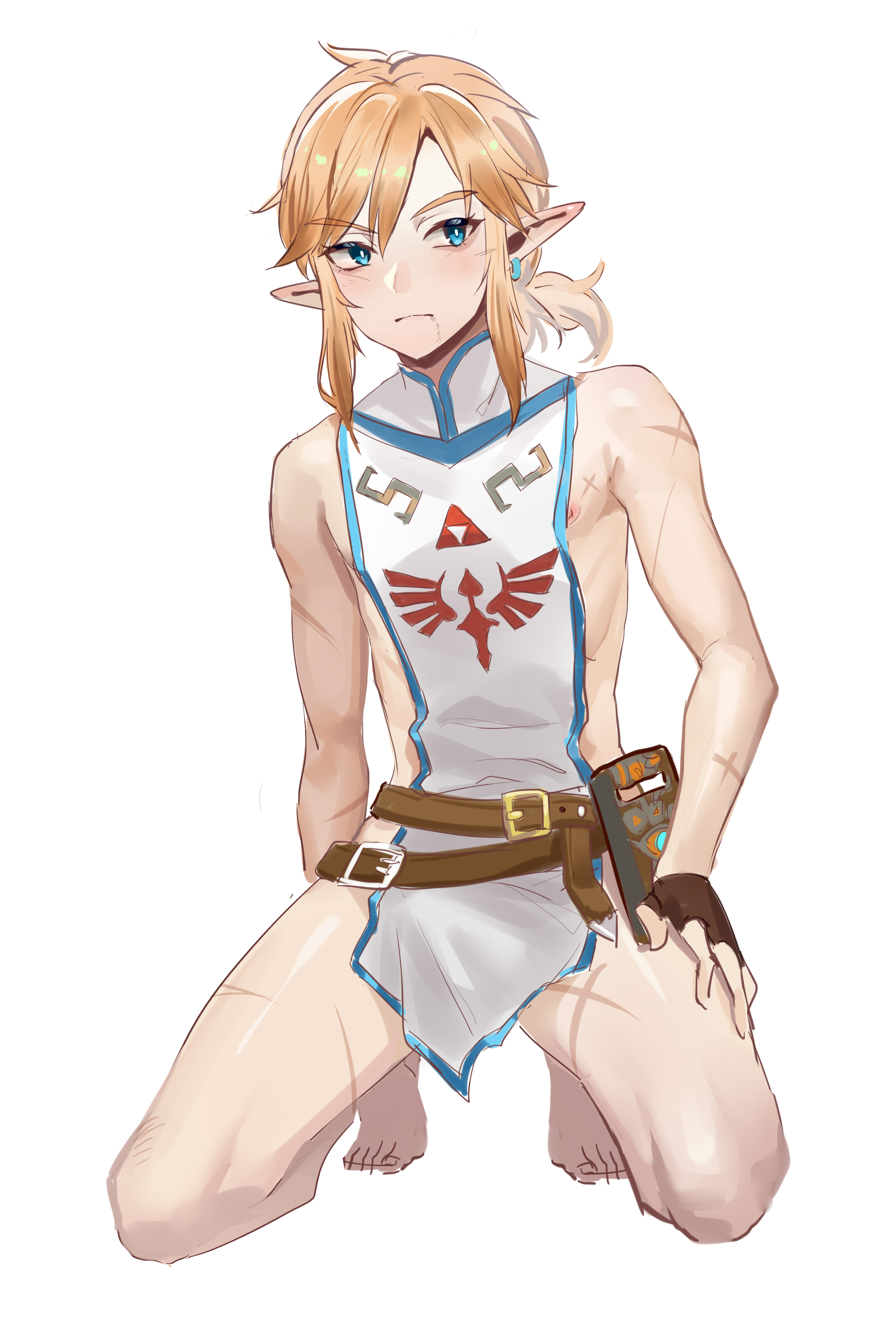1boy, blonde hair, breath of the wild, link, link (breath of the wild), male, male only, partially clothed, scar, soldier link, solo, tagme, the legend of zelda