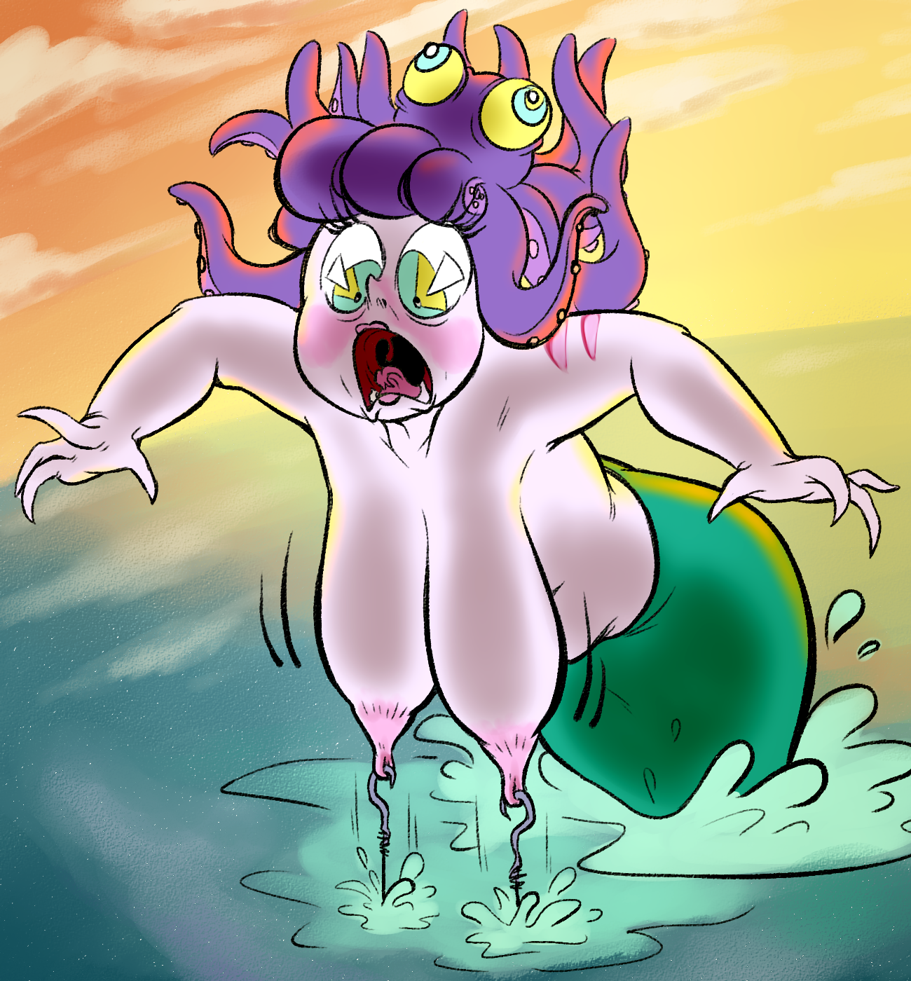 1girls, big breasts, blush, breasts, cala maria, chubby, chubby female, cuphead (game), female, female only, gore, hook, large breasts, loodles, merfolk, mermaid, nipple play, surprised, topless