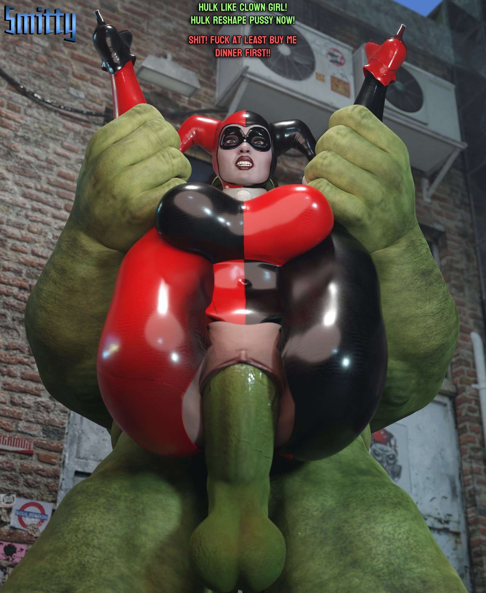 1boy, 1girls, 3d, 3d (artwork), antiheroine, ass, athletic, athletic female, athletic male, batman (series), batman: arkham knight, big ass, big breasts, bigger male, bodysuit, breasts, bubble ass, bubble butt, busty, crossover, crotch cutout, crotchless, crotchless bodysuit, dc, dc comics, digital media (artwork), eyebrows, eyelashes, eyes, female, female focus, fit, fit female, fit male, green body, green skin, green-skinned male, hair, harley quinn, harley quinn (classic), harley quinn (injustice), height difference, hero, hips, hourglass figure, huge ass, huge breasts, hulk, hulk (series), human, injustice 2, large ass, large breasts, larger male, leg grab, legs, legs held apart, light skin, light-skinned female, lips, male, maledom, marvel, marvel comics, muscles, muscular, muscular male, penetration, penis, pussy, shaved pussy, shorter female, size difference, smaller female, smitty34, straight, stretched pussy, superhero, taller male, thick, thick ass, thick hips, thick legs, thick thighs, thighs, toned, toned female, toned male, top heavy, upper body, vagina, vaginal penetration, villain, villainess, voluptuous, waist, wide hips, wide penis