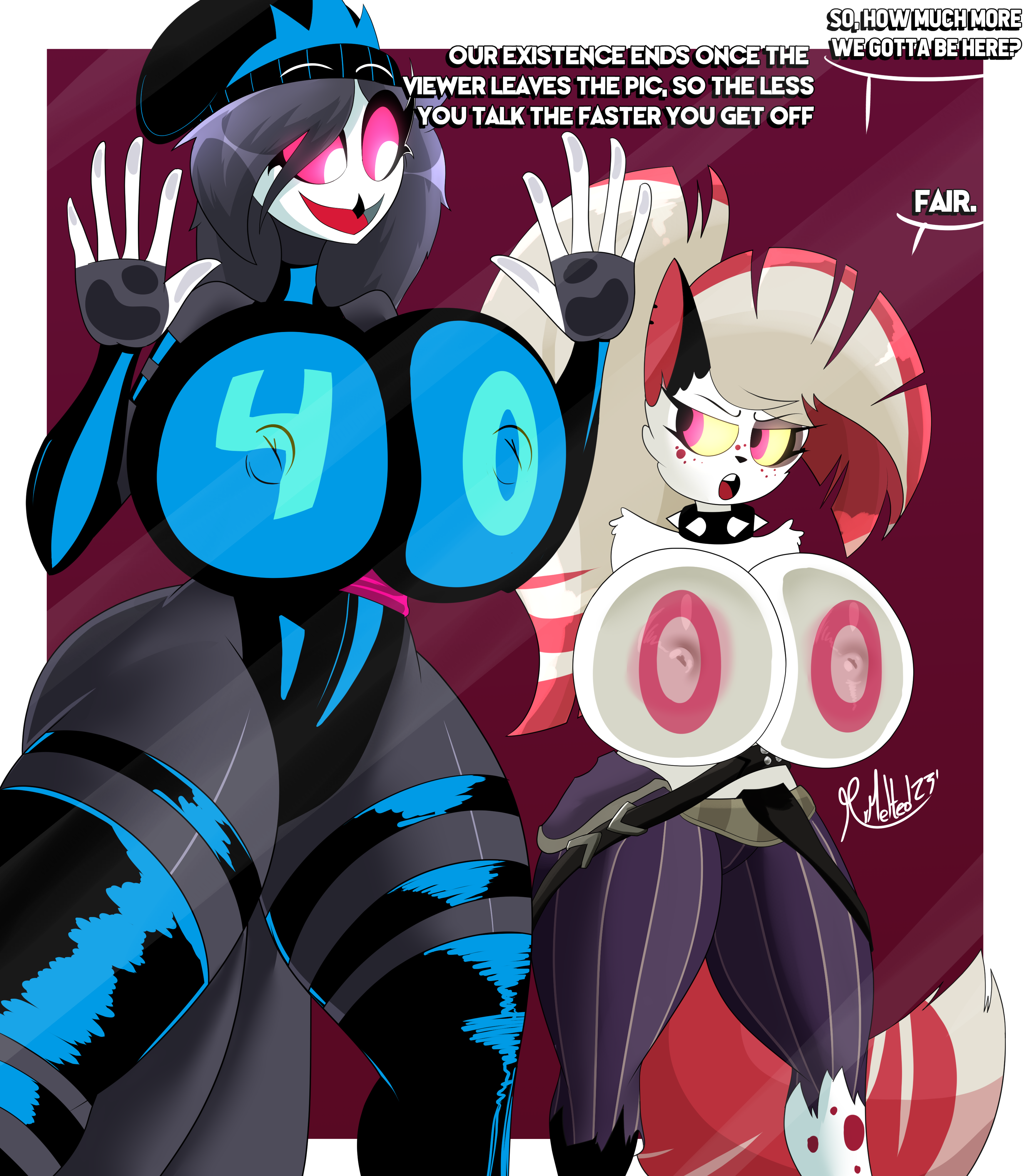 2girls, against glass, anthro, armwear, beanie, body writing, breasts, breasts on glass, busty, clothing, crymini, demon, demon girl, dialogue, female, female only, follower celebration, freckles, hat, hazbin hotel, helluva boss, huge breasts, leotard, milestone celebration, mrmelted, multiple females, multiple girls, nipple bulge, nipples, octavia (helluva boss), pants, spiked collar, text, thick thighs, thighhighs, topless, wide hips