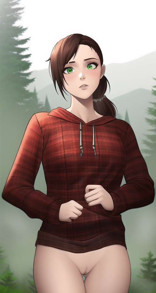 1girls, ai generated, bottomless female, cleft of venus, ellie (the last of us), ellie williams, facing viewer, female, forest, green eyes, looking at viewer, naughty dog, no panties, no pants, outdoors, plaid, ponytail, pussy, solo, sony interactive entertainment, stable diffusion, the last of us, thigh gap, uncensored