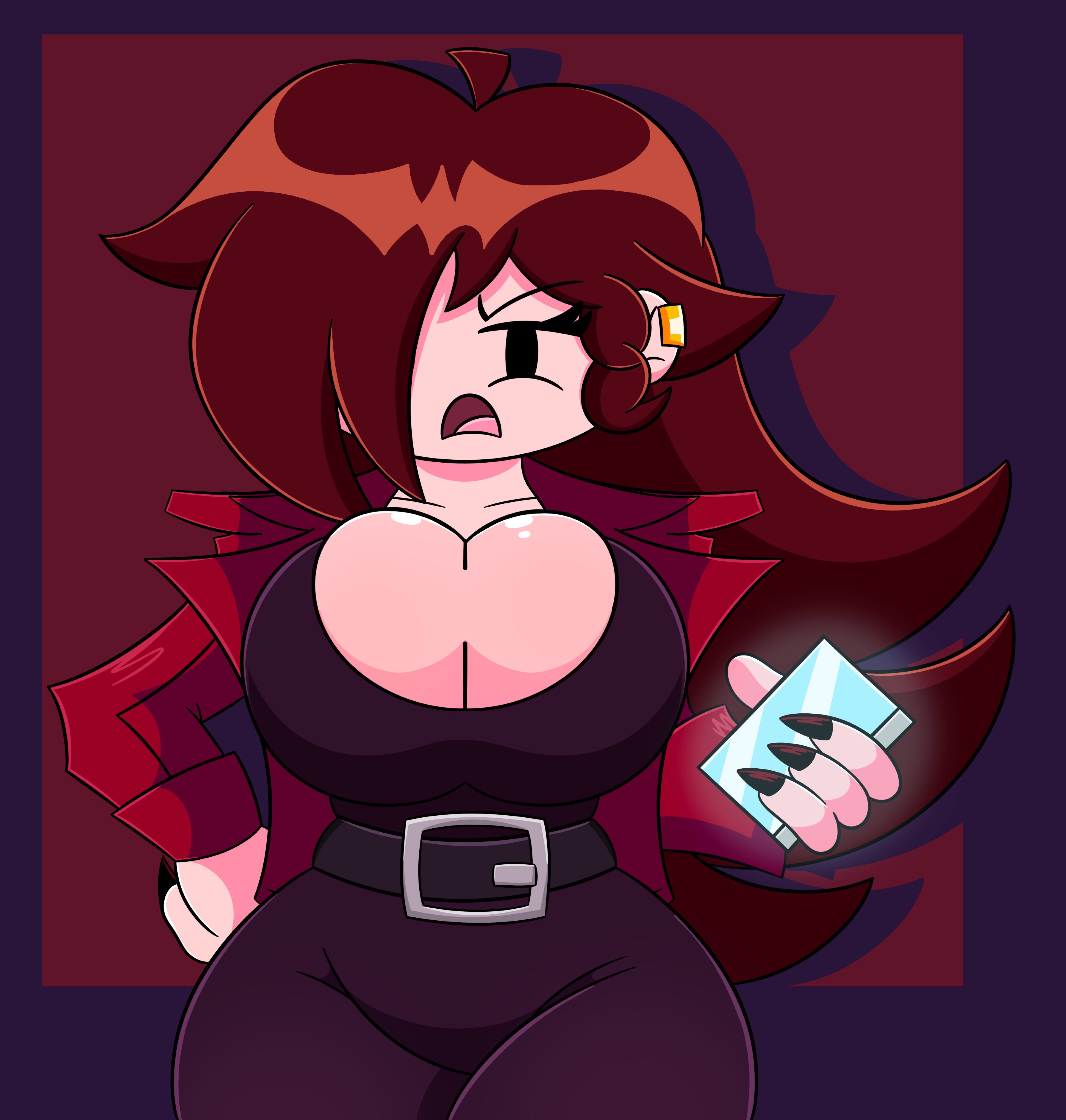 1girls, belt, big breasts, black nails, black pants, black shirt, boob window, breasts, brown hair, cleavage, earrings, female, friday night funkin, friday night funkin mod, girlfriend (friday night funkin), hand on hip, high resolution, highres, hips, long hair, long nails, minusbrush, phone, red coat, thick thighs, thighs, tight clothes, tight clothing, tight fit, trepidation gf (friday night funkin), upset, wide hips