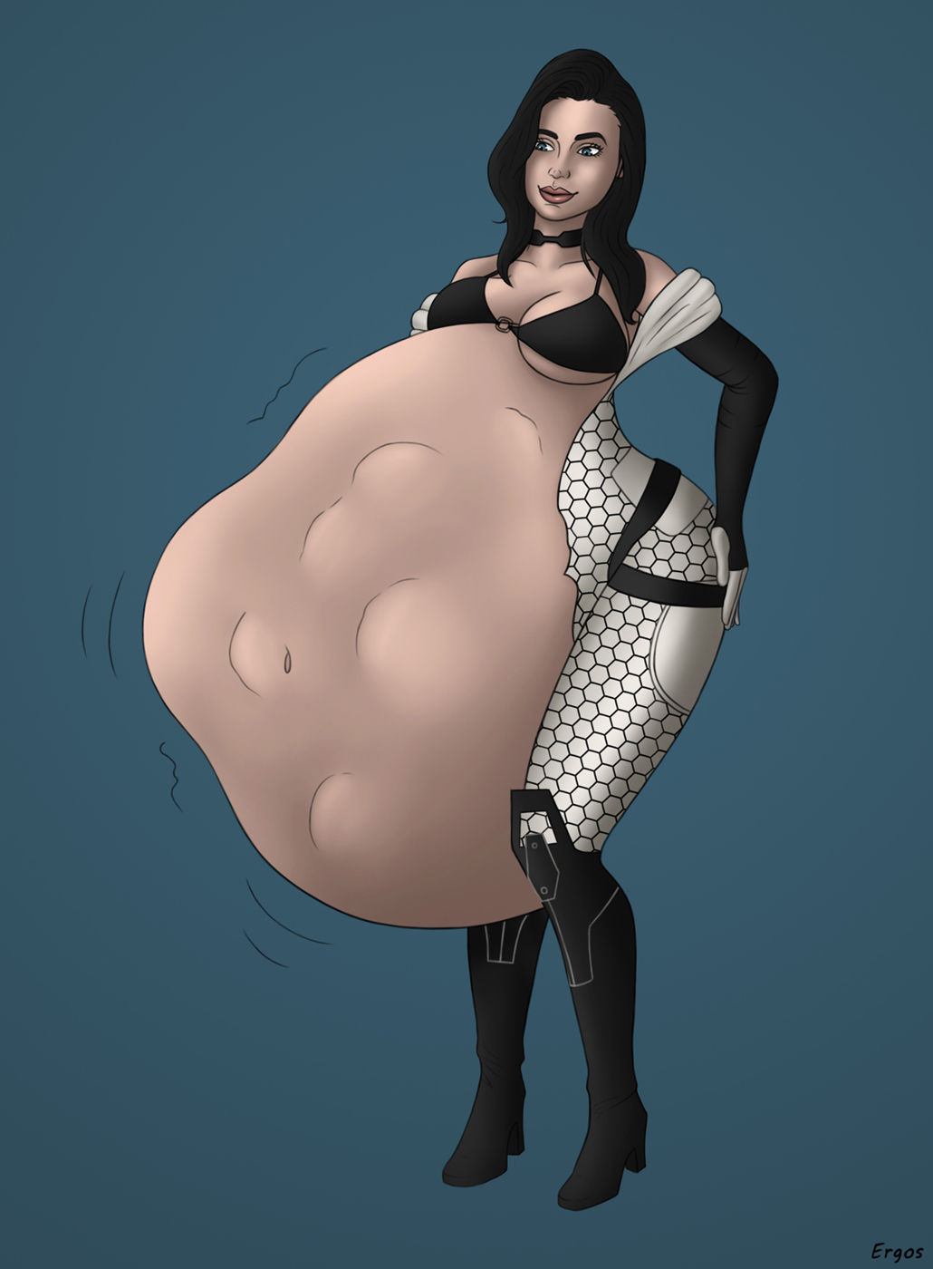 1girls belly big_belly black_hair blue_eyes bra ergos female_pred female_prey mass_effect mass_effect_2 midriff miranda_lawson squirming squirming_gut struggling struggling_prey vore vore_belly