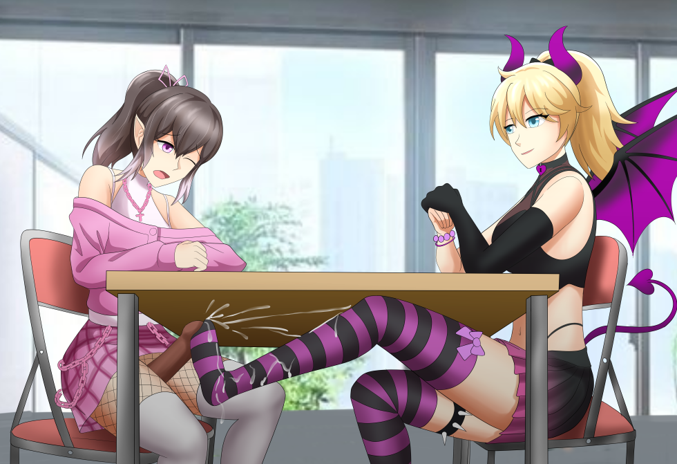 averysai demon demon_girl demon_horns demon_tail elf_boy elf_ears erinsilvyr female_on_femboy femboy footjob footjob_under_table footjob_with_legwear indie_virtual_youtuber virtual_youtuber vtuber