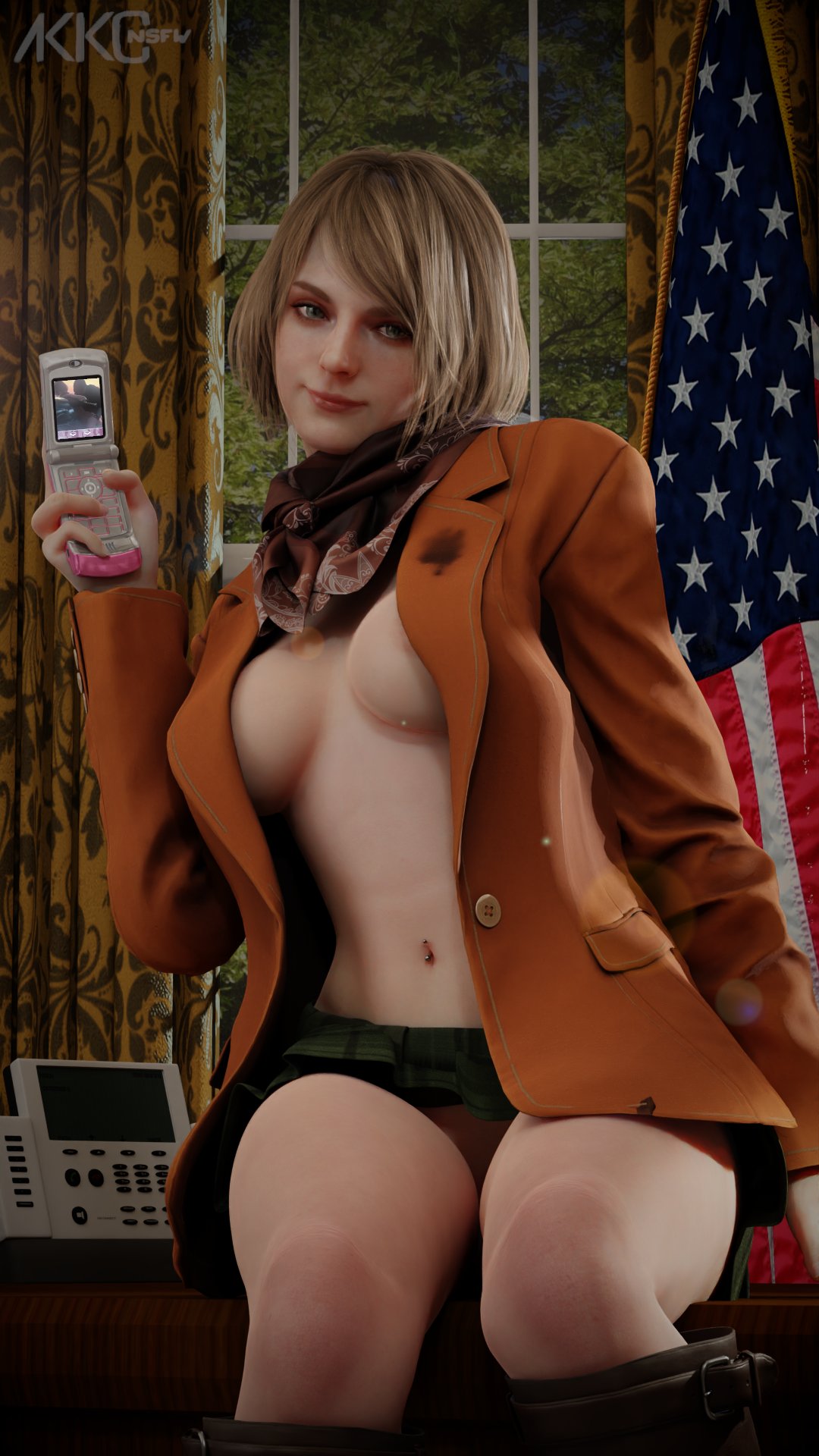 1girls 3d akkonsfw ashley_graham ashley_graham_(ella_freya) barely_clothed blender blonde_hair breasts cellphone flip_phone jacket miniskirt phone resident_evil resident_evil_4 resident_evil_4_remake self_upload skirt