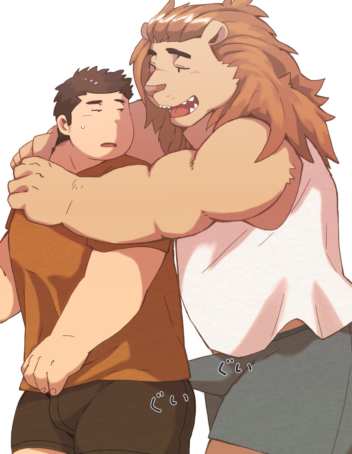 2023 anthro arufina_w bulge clothed clothing duo embrace erection erection_under_clothing felid hi_res hug hugging_from_behind human human_on_anthro interspecies kemono lion male male/male mammal muscular muscular_male pantherine shirt simple_background topwear underwear white_background