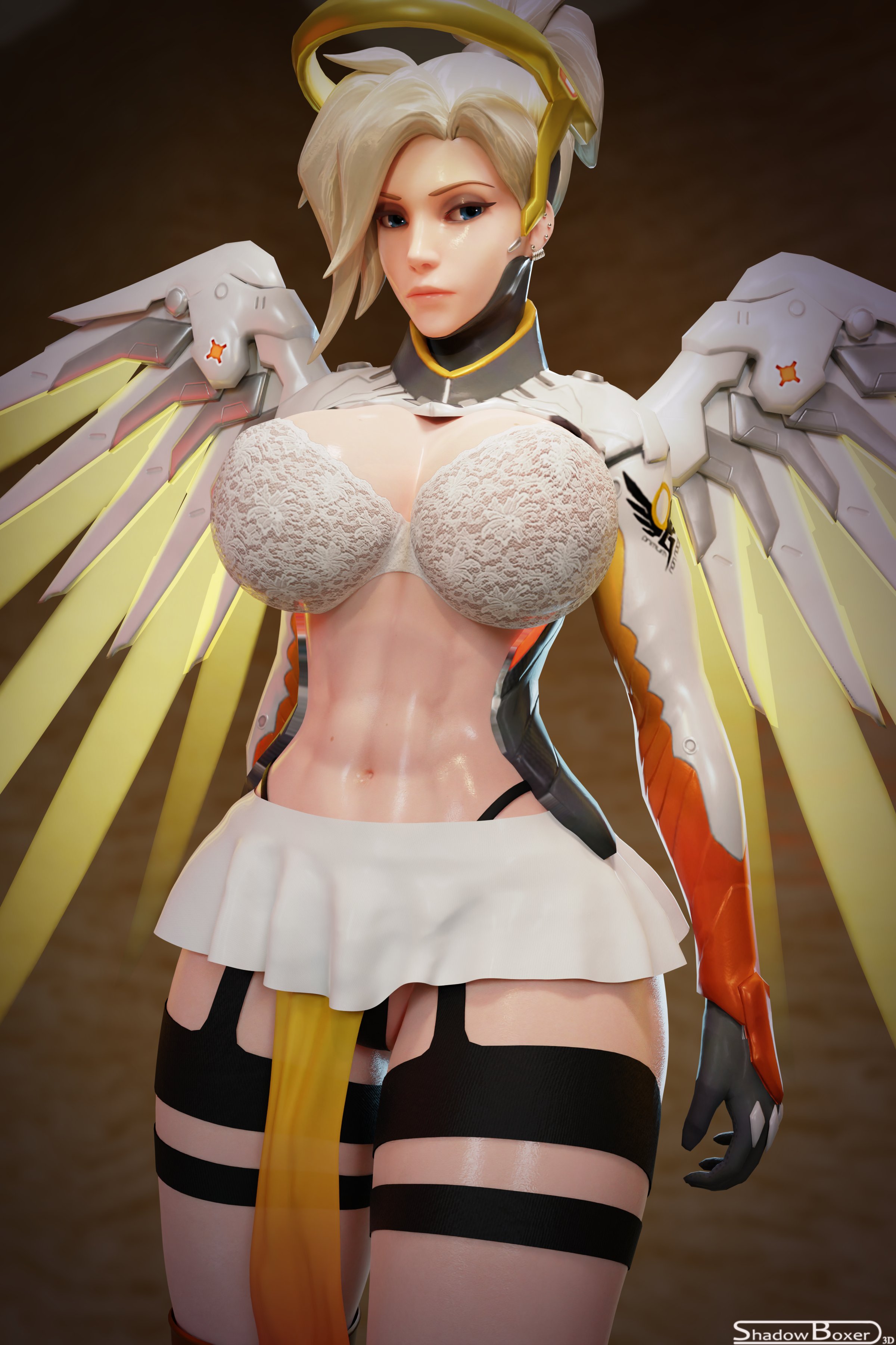 1girls, 3d, 3d (artwork), abs, amber heard, angel wings, angela ziegler, blizzard entertainment, blonde, blonde female, blonde hair, blue eyes, bra, breasts, celebrity, exposed, exposed breasts, exposed torso, female, female focus, female only, garter belt, gloves, lingerie, looking at viewer, mercy, miniskirt, oil, oiled, oiled skin, overwatch, overwatch 2, parody, pierced ears, piercings, revealing breasts, revealing clothes, revealing outfit, shadowboxer, skirt, thighs, thong, wings
