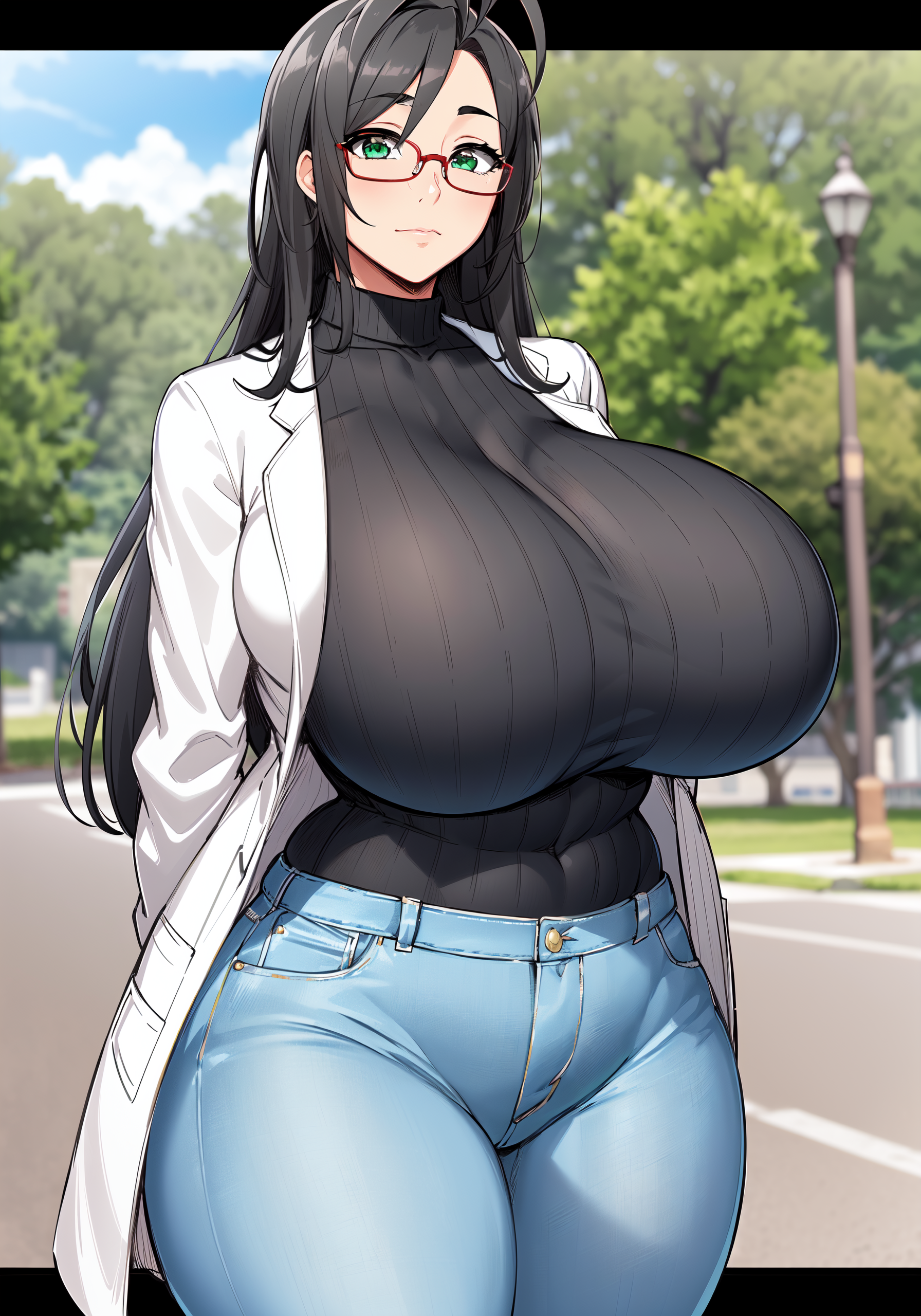 1girls, ai generated, ass, black hair, breasts, bubble ass, bubble butt, female, female only, green eyes, hasegawa chisato, hips, huge ass, huge breasts, jeans, long hair, shinmai maou no testament, solo, stable diffusion, thick thighs, thighs, tight clothes, tight clothing, voluptuous, wide hips