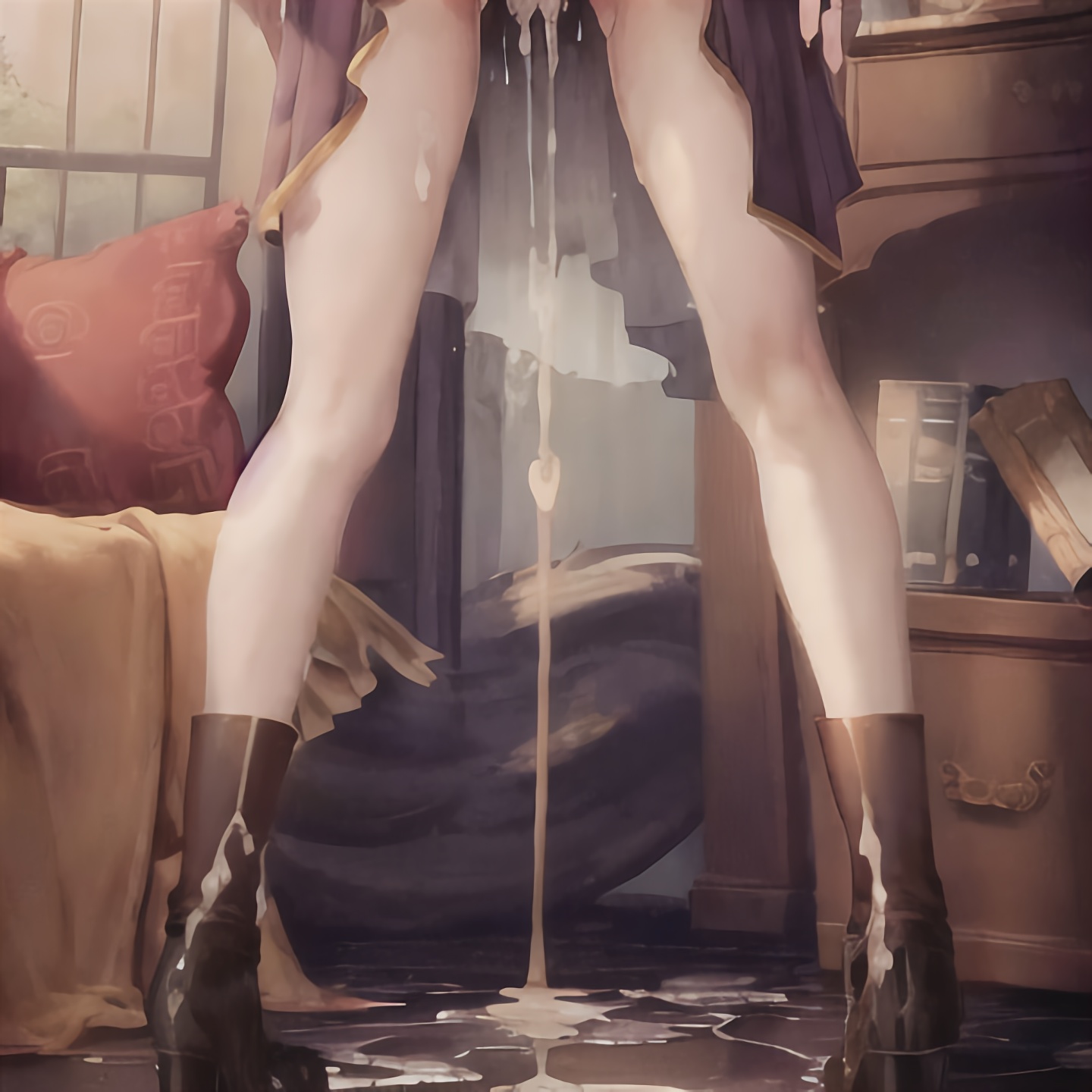 after sex, ai generated, boots, cum, cum drip, cum on floor, cum pool, female, stable diffusion