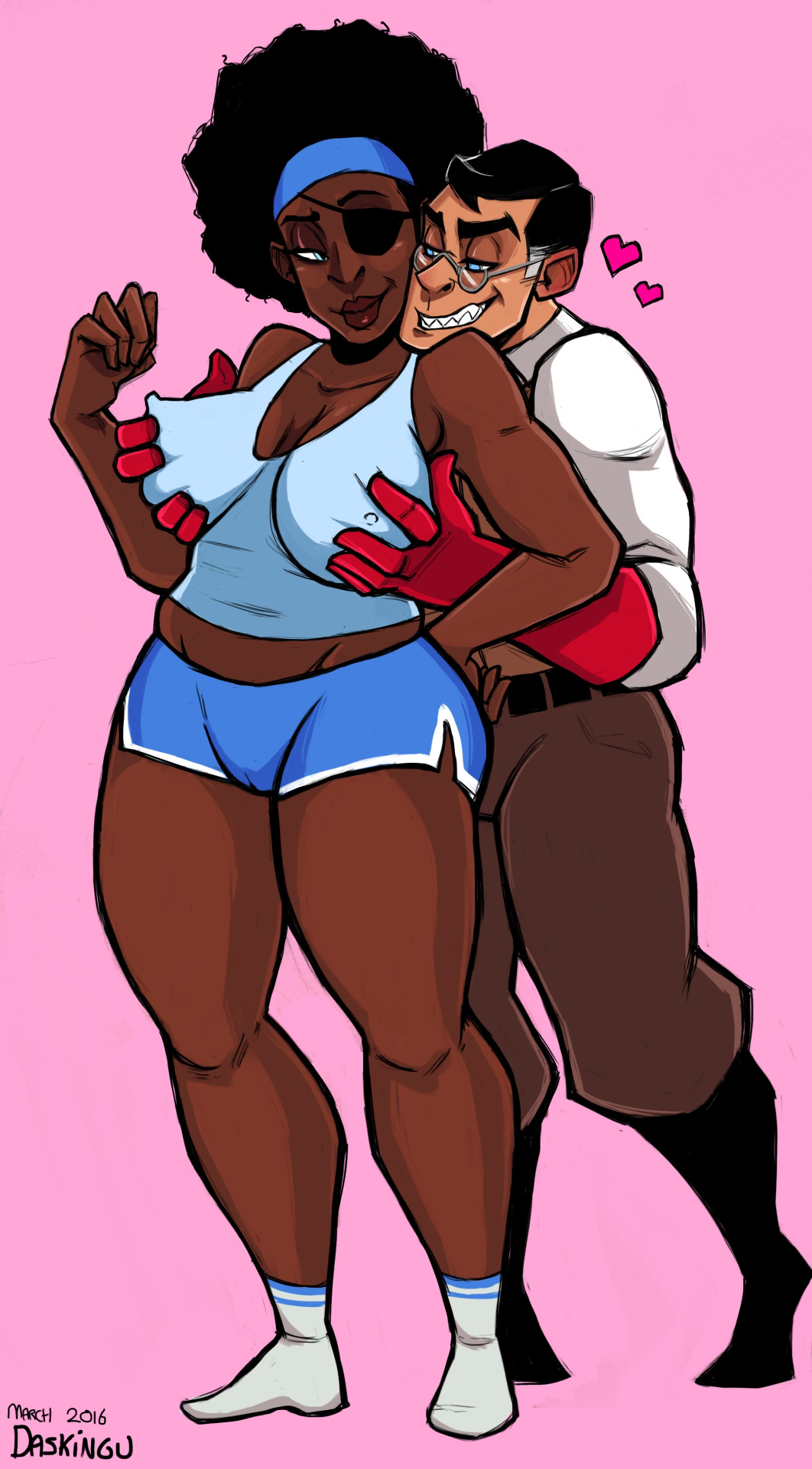 1boy 1girls breast_grab breast_squeeze daskingu demoman demowoman femdemo hearts k medic_(team_fortress_2) nipples_visible_through_clothing rule_63 smile smiling_at_partner smug straight tagme team_fortress_2