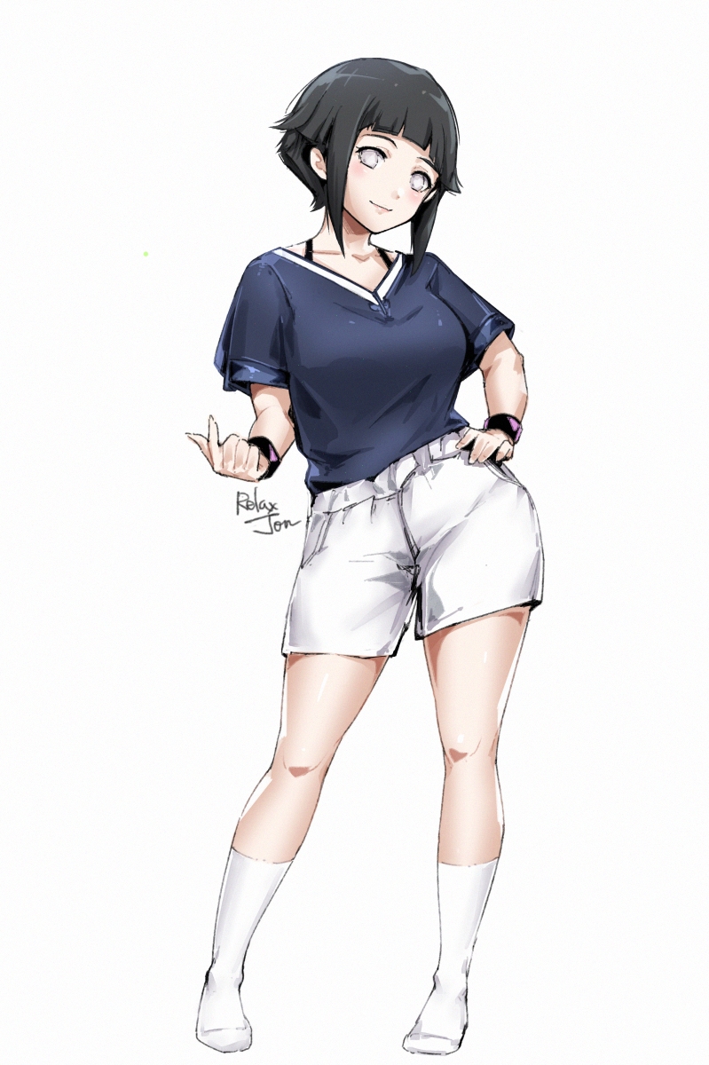 1girls bangs beckoning clothed clothing dark_hair female female_only fully_clothed hyuuga_hinata hyuuga_hinata(genin) light-skinned_female light_skin naruto naruto_(classic) pose posing posing_for_the_viewer relaxjon safe_for_work short_hair shorts simple_background smile socks solo white_background white_eyes