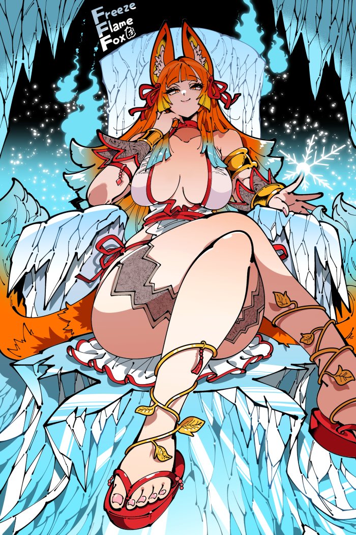 big_breasts cleavage feet fox_ears fox_girl fox_tail goddess hair_ornament hair_ribbon japanese_clothes kafun legs_crossed long_hair looking_at_viewer mature_female multicolored_hair orange_hair original pale-skinned_female pale_skin sitting sitting_on_chair thigh_strap throne