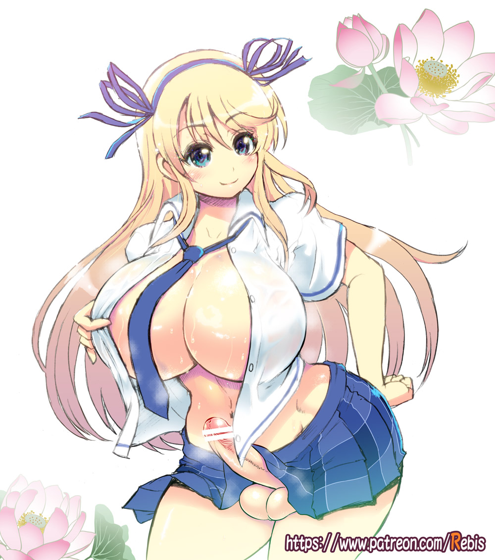 1futa 2015 balls big_breasts big_penis blonde_hair blush breasts censor_bar censored clothed clothing dress_shirt erect_penis erection futa_only futanari huge_breasts human katsuragi_(senran_kagura) light-skinned_futanari light_skin long_hair marvelous necktie partially_clothed penis rebis senran_kagura skirt solo solo_futa standing testicles thick_thighs wide_hips