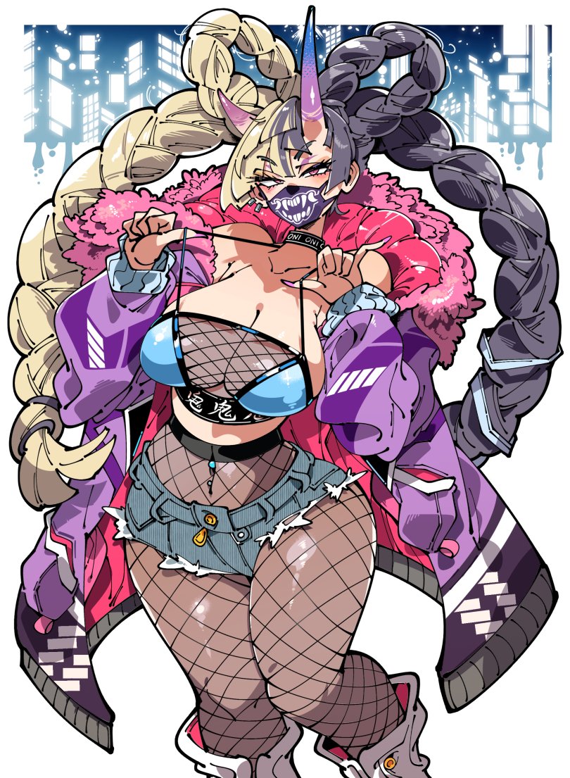 ayaka_(athighhighguy) big_breasts braided_hair breasts choker cleavage curvy demon demon_girl demon_horns denim_shorts face_mask female female_focus female_only fishnet fishnet_pantyhose fishnets gyaru hourglass_figure huge_breasts kafun long_hair looking_at_viewer multicolored_hair oni oni_girl oni_horns original original_character puffy_jacket short_shorts source_request streetwear thick_thighs thighs year_request