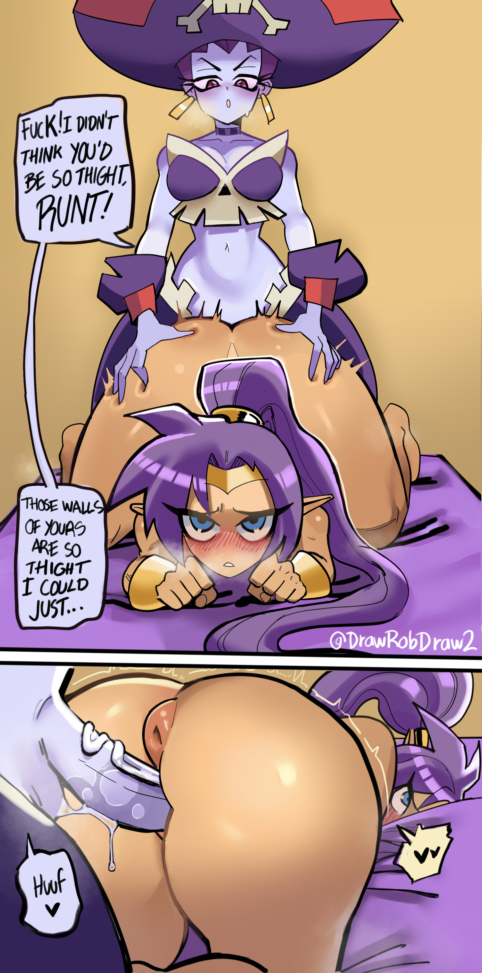 1futa, 1girls, all fours, ass, ass focus, ass grab, bed, big ass, big breasts, big penis, breasts, clothed, clothing, comic page, commission, dark skin, dark-skinned female, dialogue, dickgirl, dickgirl/female, drawrobdraw2, duo, english text, erection, female, fluid, fluids, futa on female, futanari, huge ass, humanoid, humanoid penis, intersex, kneeling, mostly nude, penis, purple skin, pussy, risky boots, self upload, sex, sex from behind, shantae, shantae (character), steaming body, steamy breath, text, text bubble, thick thighs, top-down bottom-up, vaginal penetration, wide hips