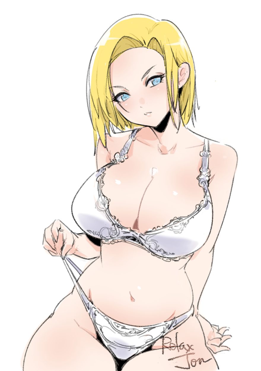 1girls android_18 big_breasts blonde_hair cleavage dragon_ball female female_only relaxjon solo underwear