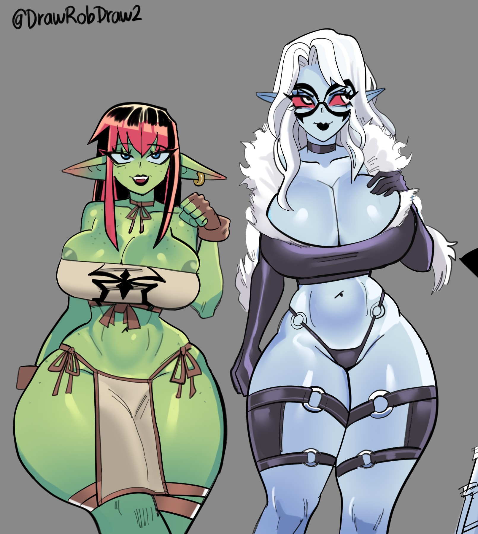 2girls, ass, big ass, big breasts, big butt, black cat (marvel), blue skin, blue-skinned female, breasts, breasts bigger than head, cleavage, dark elf, drawrobdraw2, fantasy, felicia hardy, female, female only, gigantic thighs, goblin, goblin female, green skin, green-skinned female, huge breasts, loincloth, long ears, marvel, marvel comics, mary jane watson, no humans, red hair, revealing clothes, skimpy, spider-man (series), thick ass, thick thighs, thighhighs, thong, thong panties, tubetop, voluptuous, wasp waist, white hair