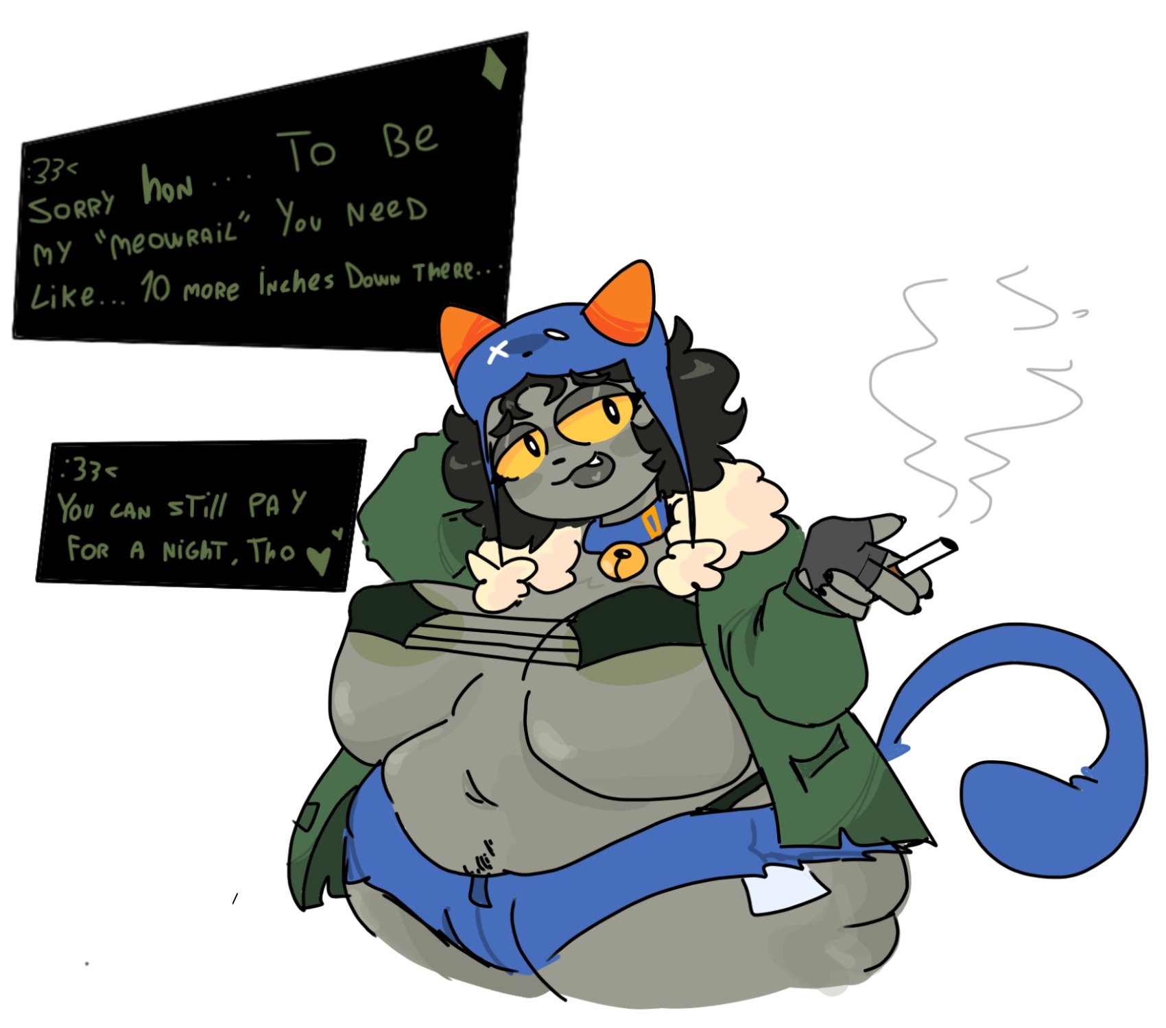areolae, big breasts, black hair, breasts, cat girl, catgirl, chubby, chubby female, collar, errorplush, female, female focus, female only, gloves, grey skin, hat, homestuck, horns, huge breasts, jacket, looking at viewer, male, nepeta leijon, penis, short hair, shorts, shortstack, small penis humiliation, smoking, sph, text bubble, wide hips