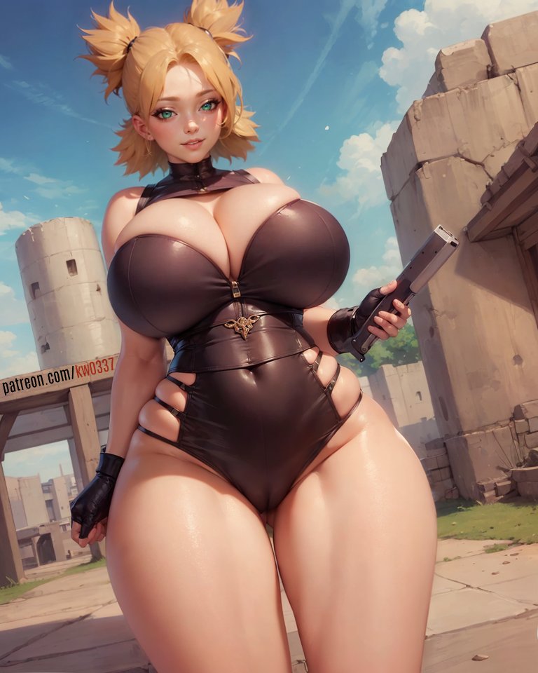 1girls, ai generated, ass visible through thighs, belly button, big breasts, black gloves, blonde hair, blush, breasts, busty, cameltoe, child bearing hips, cleavage, clothed, clothing, cute, detailed background, female, female focus, female only, fingerless gloves, gloves, green eyes, hi res, high resolution, highres, huge breasts, kw0337, large breasts, light skin, light-skinned female, looking at viewer, nai diffusion, naruto, naruto (series), naruto shippuden, oppai, pale skin, pale-skinned female, pink lips, pink lipstick, pose, posing, pussy, shounen jump, skimpy, skimpy clothes, smile, smiling, smiling at viewer, solo, solo female, solo focus, stable diffusion, standing, temari, thick thighs, thighs, tied hair, tight clothing, twintails, vagina, voluptuous, voluptuous female, wide hips