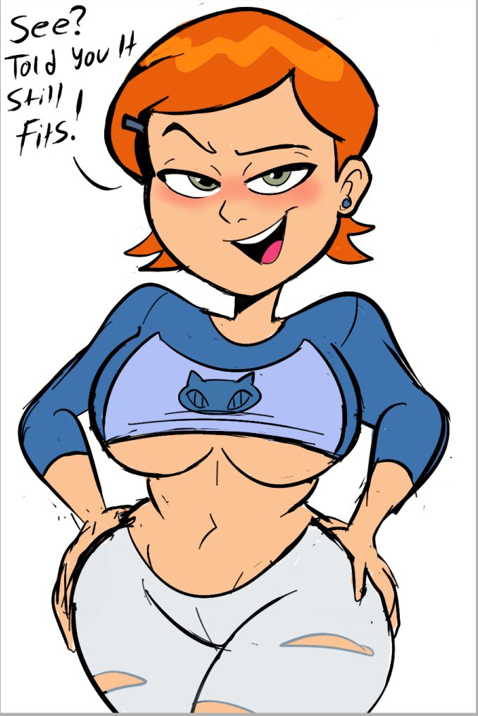 aged_up belly_button ben_10 big_breasts blush blushing blushing_at_viewer breasts cartoon_network dialogue earrings exposed_stomach female female_only freckles green_eyes gwen_tennyson hands_on_hips hands_on_own_hips instantnudeles large_breasts looking_at_viewer navel orange_hair short_hair small_clothes small_waist thick_thighs torn_pants underboob voluptuous wide_hips