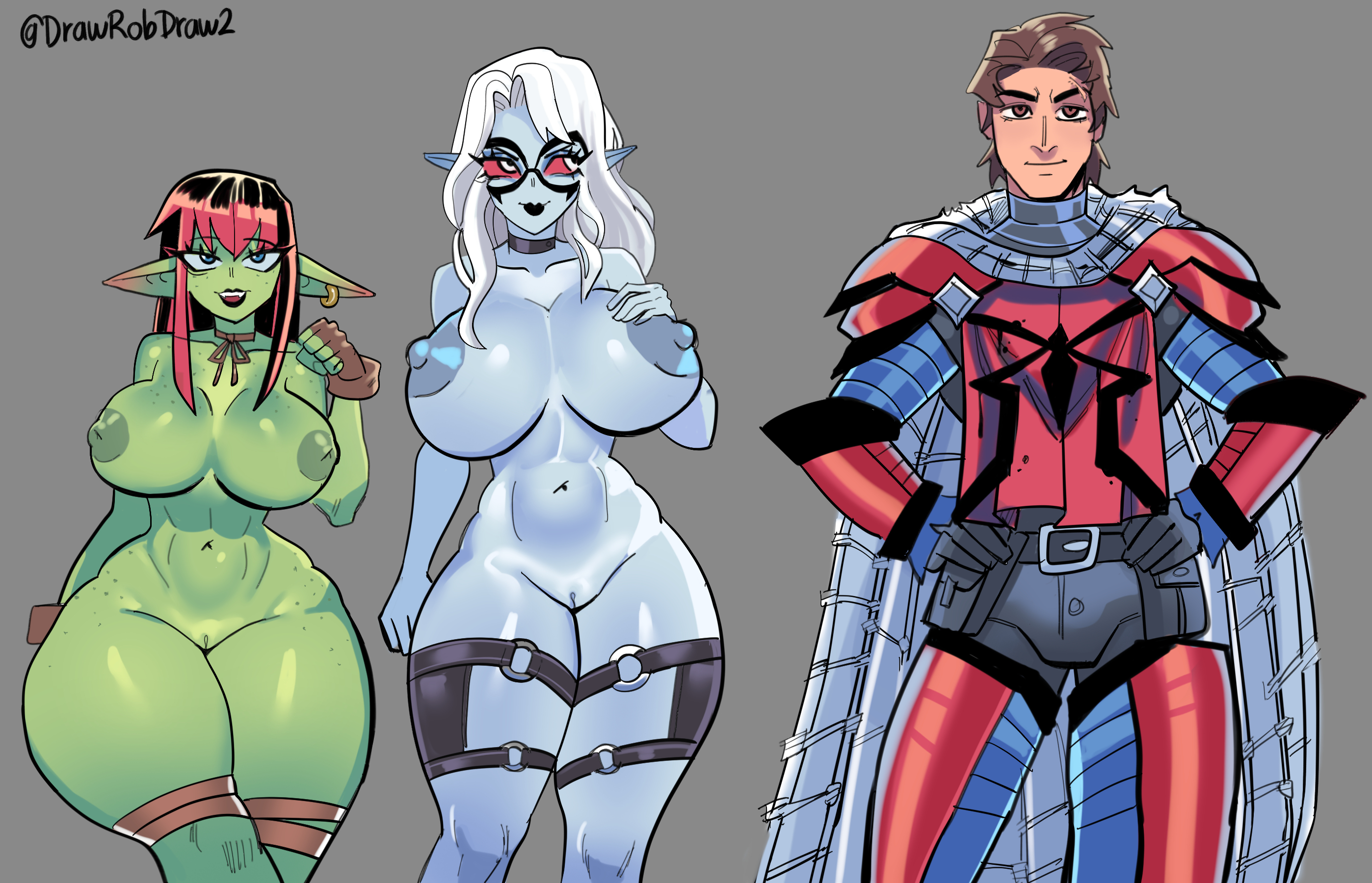 1boy, 2girls, ass, big ass, big breasts, big butt, black cat (marvel), blue skin, blue-skinned female, breasts, breasts bigger than head, cleavage, dark elf, drawrobdraw2, fantasy, felicia hardy, female, gigantic thighs, goblin, goblin female, green skin, green-skinned female, huge breasts, huge thighs, human, light skin, light-skinned male, long ears, male, marvel, marvel comics, mary jane watson, medieval, medieval armour, multiple females, multiple girls, naked, naked female, peter parker, red hair, spider-man, spider-man (series), spyder-kinght, thick, thick ass, thick thighs, thighhighs, thong, thong panties, wasp waist, white hair