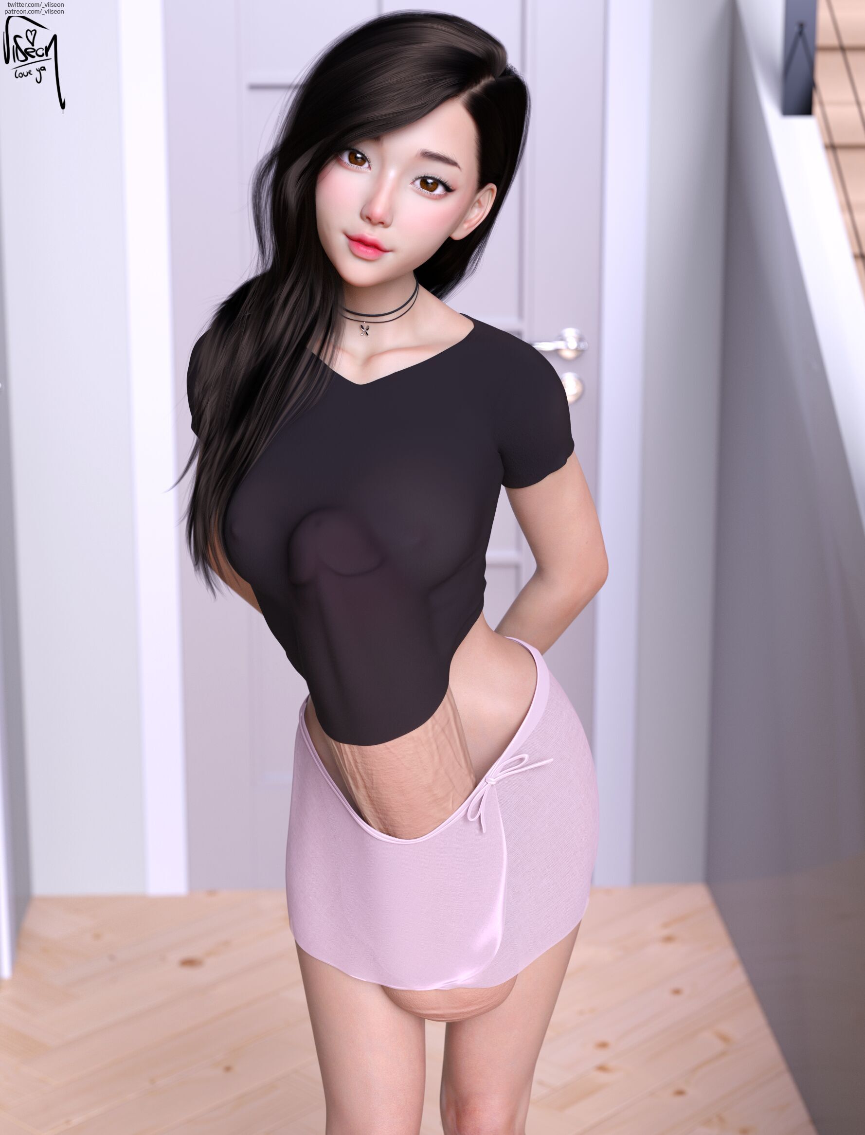 1futa, 3d, artist name, artist signature, asian, balls, balls under clothes, big balls, big penis, black shirt, breasts, brown eyes, brown hair, cameltail, clothed, detailed bulge, erect penis, erection, erection under clothes, futa only, futanari, hana (viiseon), hands behind back, hi res, highres, huge balls, huge cock, hyper balls, hyper penis, indoors, inside, intersex, light skin, light-skinned futa, long hair, looking at viewer, necklace, nipple piercing, nipples, nipples visible through clothing, oc, original, original character, patreon username, penis, penis between breasts, penis under clothes, piercing, short skirt, small breasts, smile, smiling, smiling at viewer, solo, solo futa, staring at viewer, testicles, thick penis, twitter username, veiny penis, viiseon
