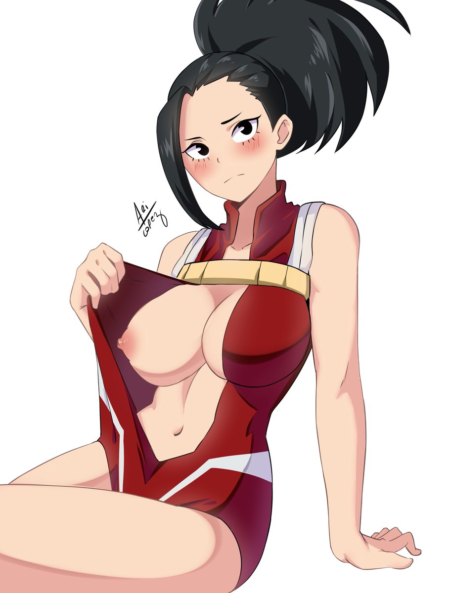 1girls, areola, areolae, ariel lopez, artist signature, bare arms, bare legs, belly button, big breasts, black eyes, black hair, black-haired female, blush, blushing, breasts, breasts out, breasts outside, busty, clothed, clothed female, clothes, clothing, exposed breasts, female, female only, hair, hero outfit (mha), human, human female, human only, large breasts, leotard, leotard pull, light skin, light-skinned female, long hair, momo yaoyorozu, momo yaoyorozu (hero outfit), my hero academia, navel, nipples, one breast out, pink nipples, plain background, ponytail, pose, posing, presenting, presenting breasts, simple background, sitting, solo, source request, stomach, superheroine, thighs, white background