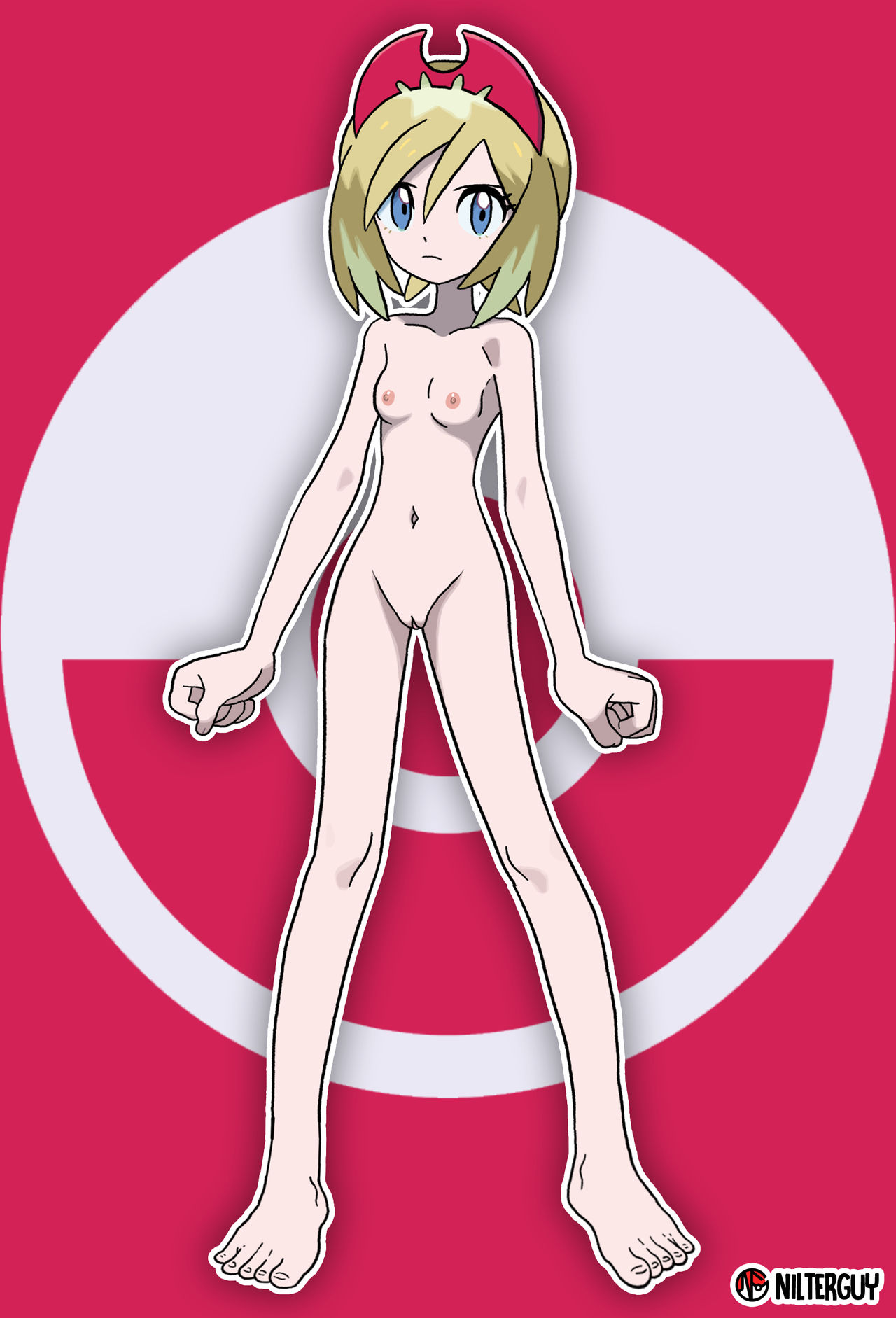 1girls, abstract background, accurate art style, barefoot, blonde hair, blue eyes, breasts, casual, casual nudity, edit, feet, female, female only, hairband, human, irida (pokemon), naked, nintendo, nipples, nonsexual, nonsexual nudity, nude, nude filter, nudefilterguy, nudist, official artwork edit, pale skin, pokemon, pokemon legends: arceus, pokemon trainer, pussy, shaved pussy, short hair, solo