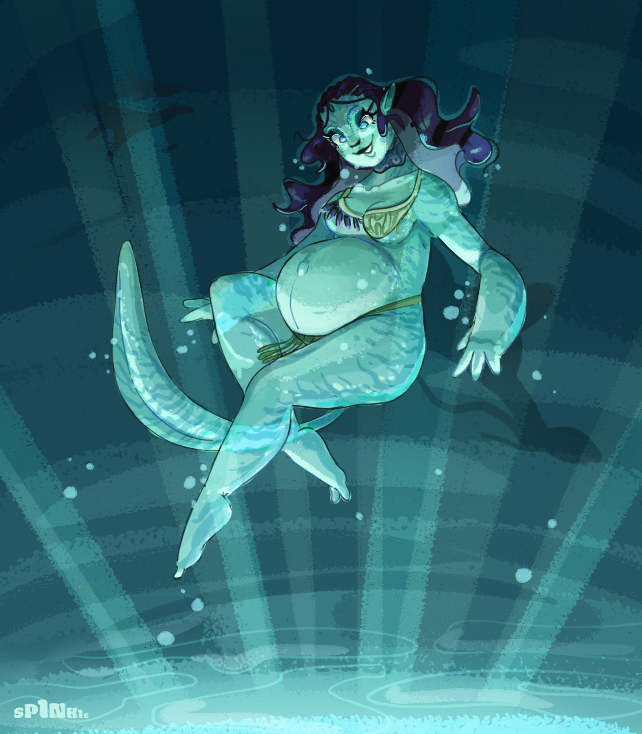 1girls, alien, alien girl, alien only, avatar, belly, big belly, black hair, blue eyes, blue skin, breasts, female, na'vi, outie navel, pregnant, ssspinkie, underwater
