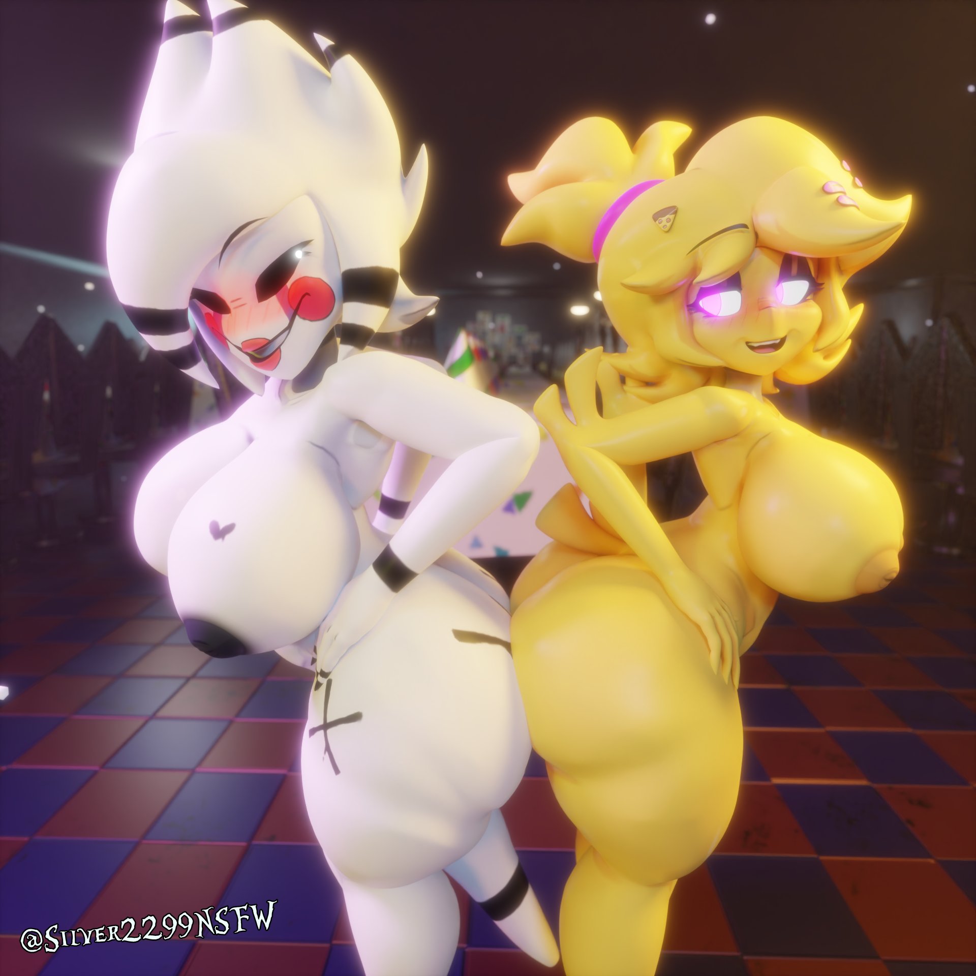 2girls, 3d, 3d (artwork), animatronic, anthro, areolae, artist name, ass, ass to ass, big ass, big breasts, blush, breasts, cally3d, chica (cally3d), chica (fnaf), chiku, chiku (cryptia), clazzey, cryptiacurves, curvy, detailed background, fazclaire's nightclub, female, female/female, five nights at freddy's, five nights at freddy's 2, fnaf, fredina's nightclub, hi res, hourglass figure, huge ass, huge breasts, marie (cally3d), marie (cryptia), marionette (fnaf), nipples, open mouth, pink eyes, puppet (cally3d), puppet (fnaf), scottgames, silver2299, smile, thick thighs, voluptuous, white body, white hair, wide hips, yellow body, yellow fur, yellow hair